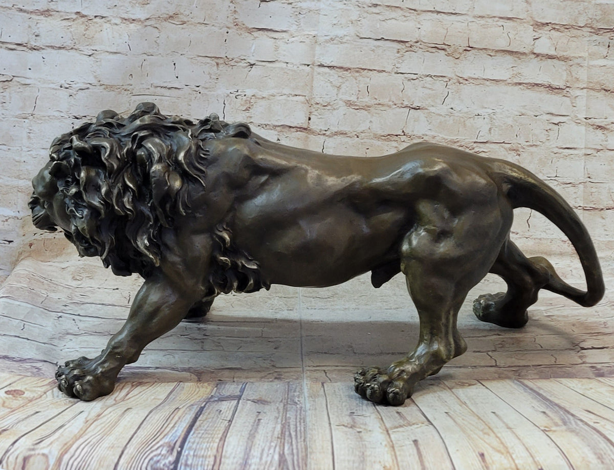 Roaring Guardian Lion Bronze Metal Sculpture Signed Art