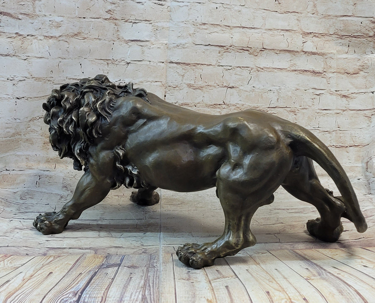 Roaring Guardian Lion Bronze Metal Sculpture Signed Art