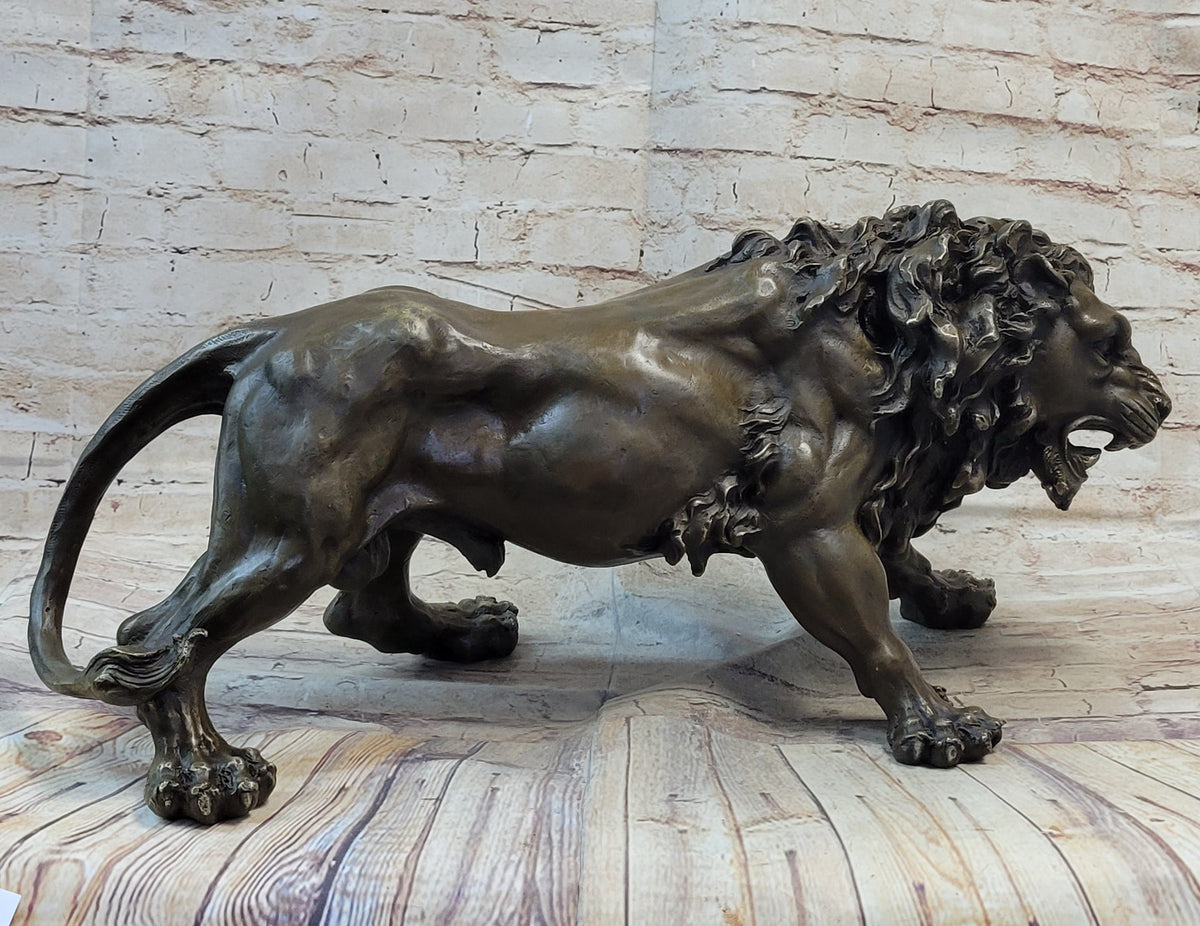 Roaring Guardian Lion Bronze Metal Sculpture Signed Art