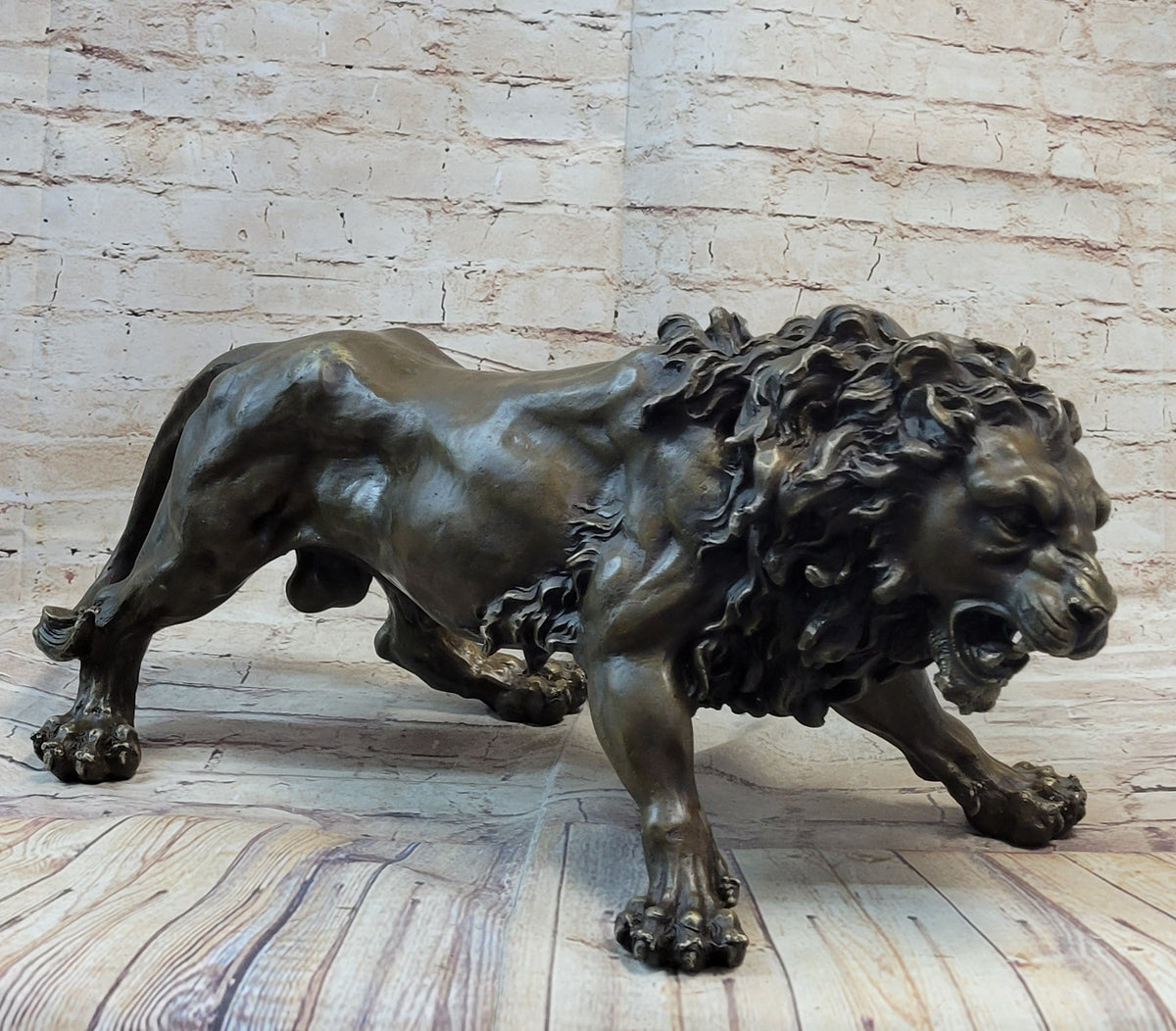 Roaring Guardian Lion Bronze Metal Sculpture Signed Art