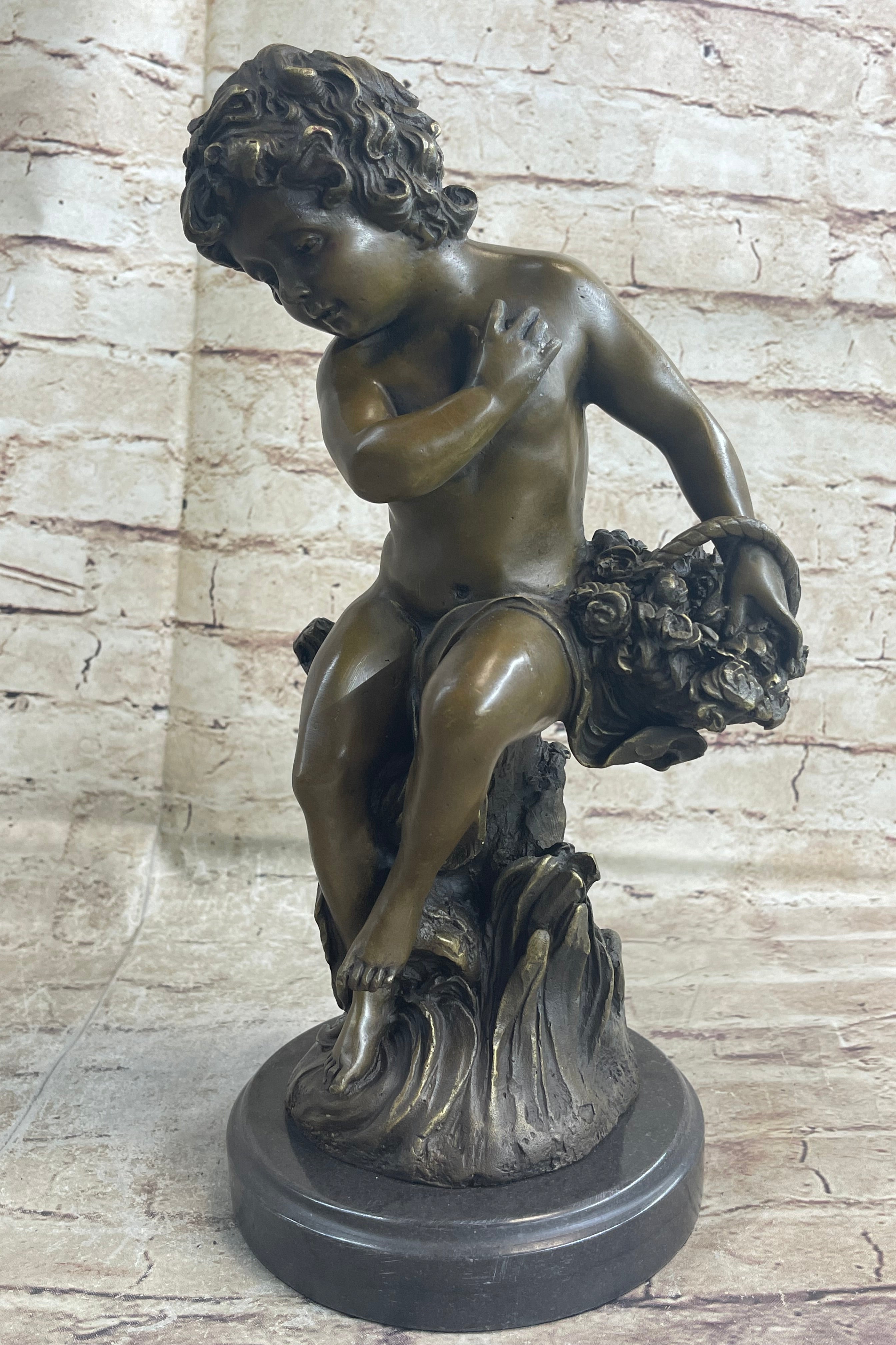 Young Boy Child Bronze Metal Sculpture Vintage Moreau Marble Base
