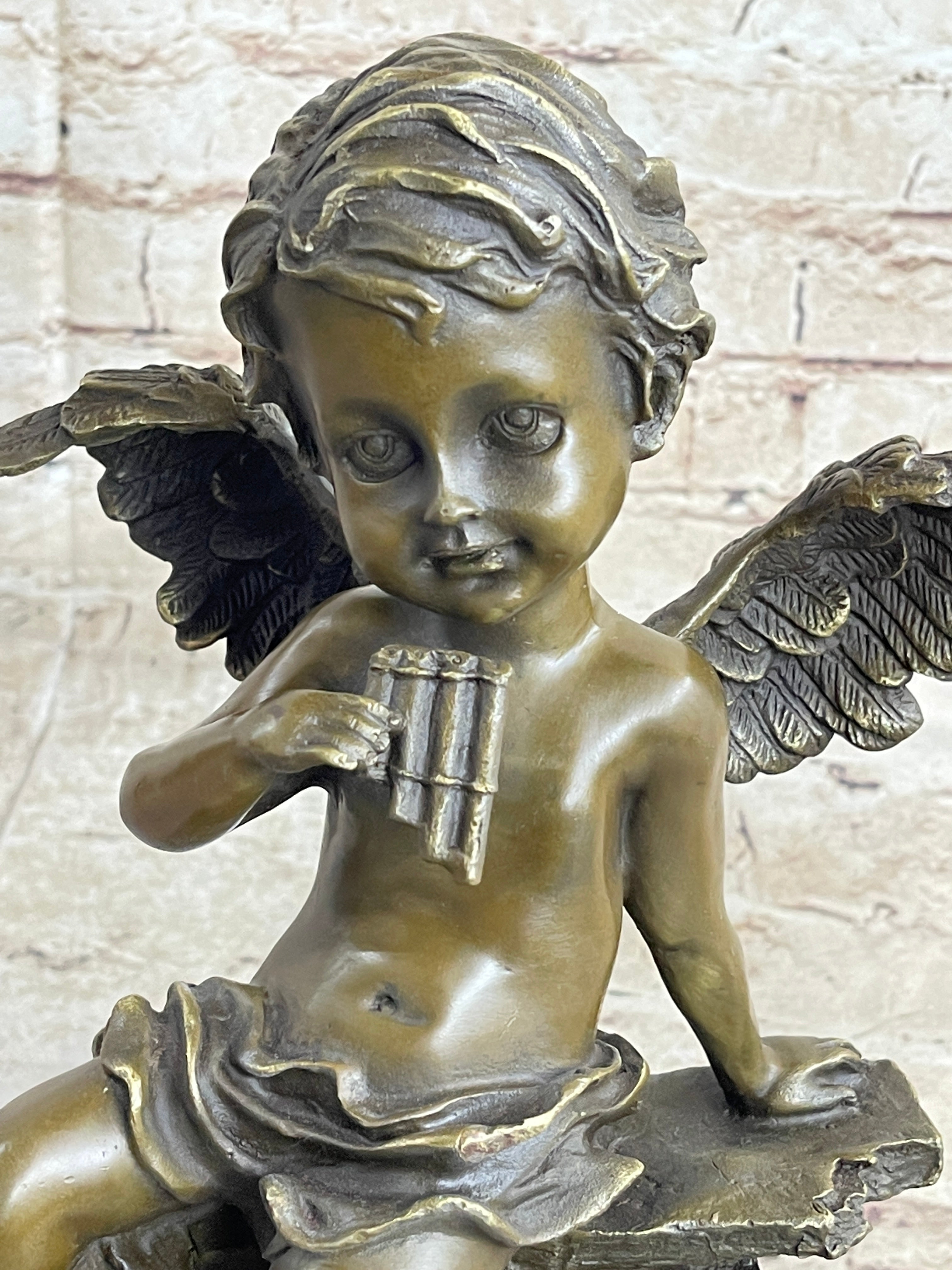 Cherub Angel Playing Pan Flute Bronze Sculpture