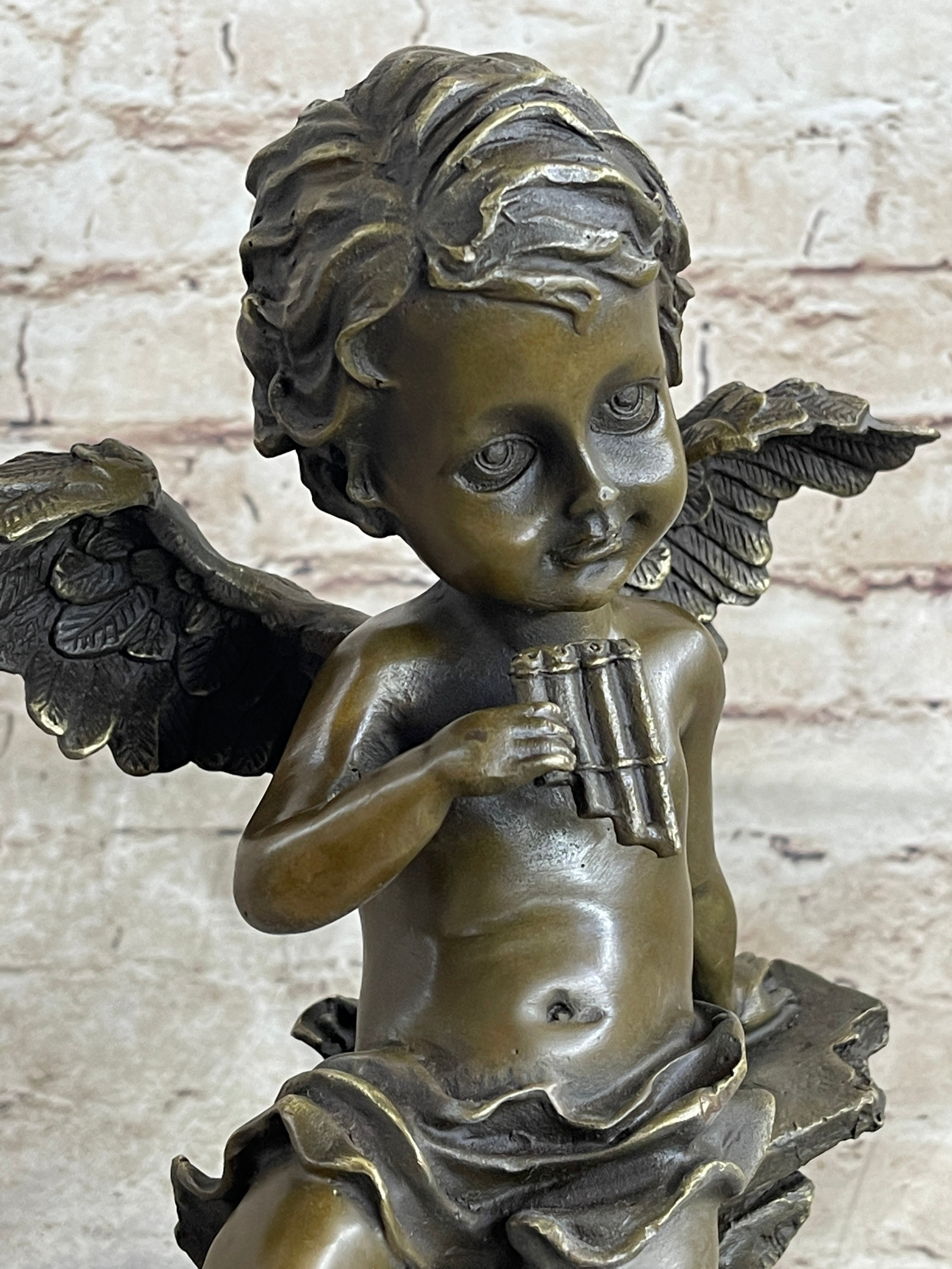 Cherub Angel Playing Pan Flute Bronze Sculpture