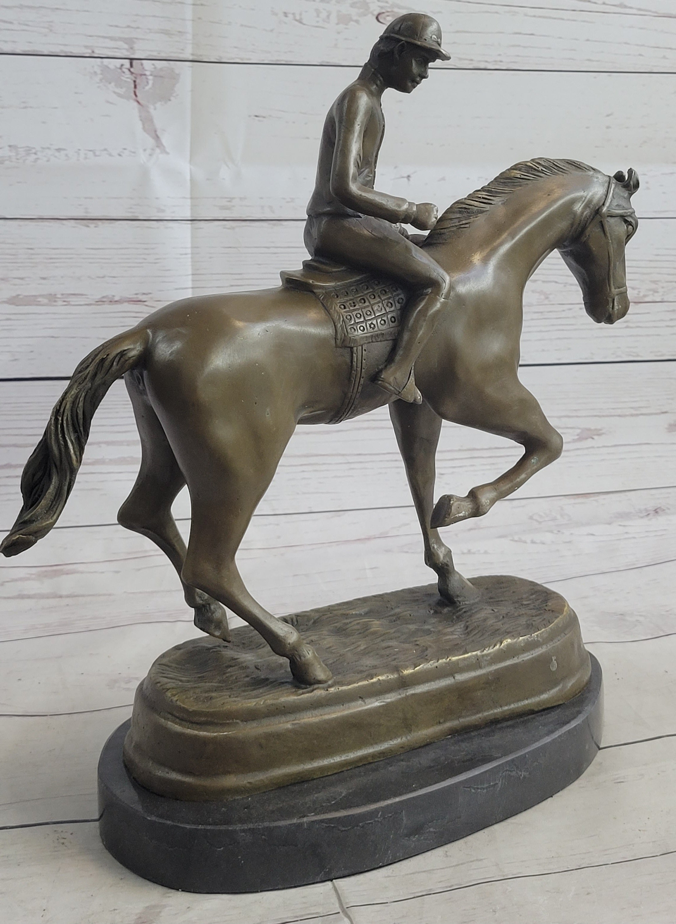 Signed Bronze Horse and Jockey Polo Academy Racing Sculpture