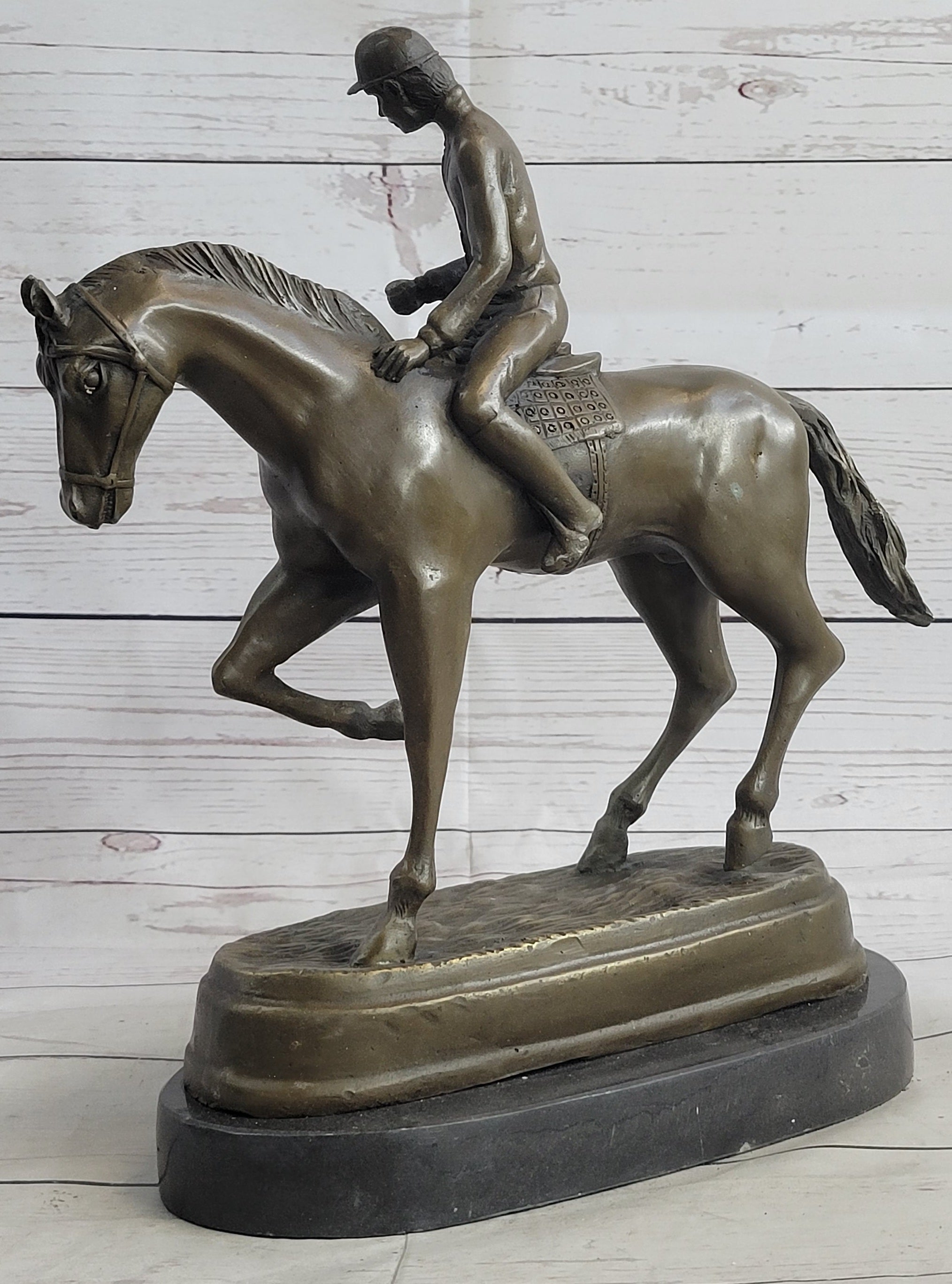 Signed Bronze Horse and Jockey Polo Academy Racing Sculpture