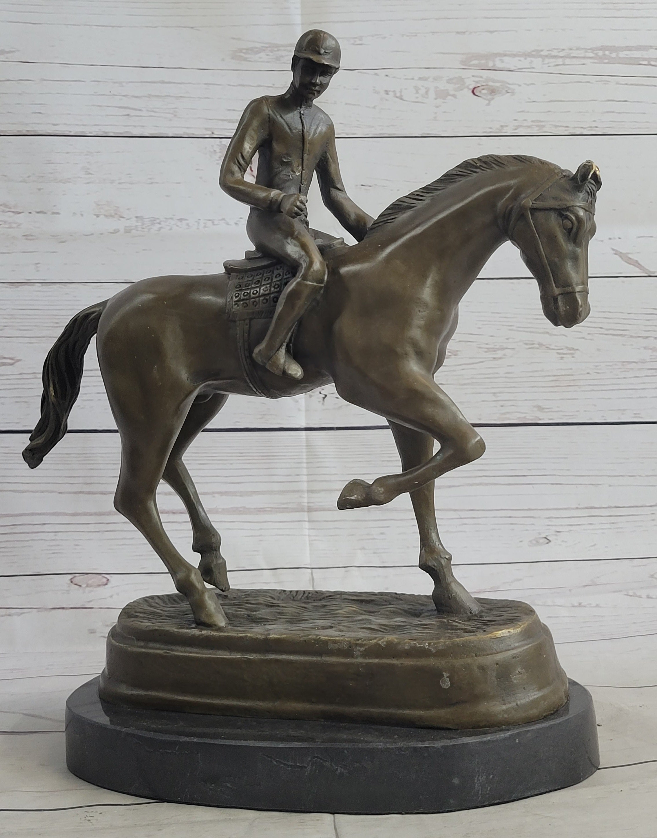 Signed Bronze Horse and Jockey Polo Academy Racing Sculpture