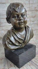 Bronze Bust of Young Boy on Marble Base Signed Art