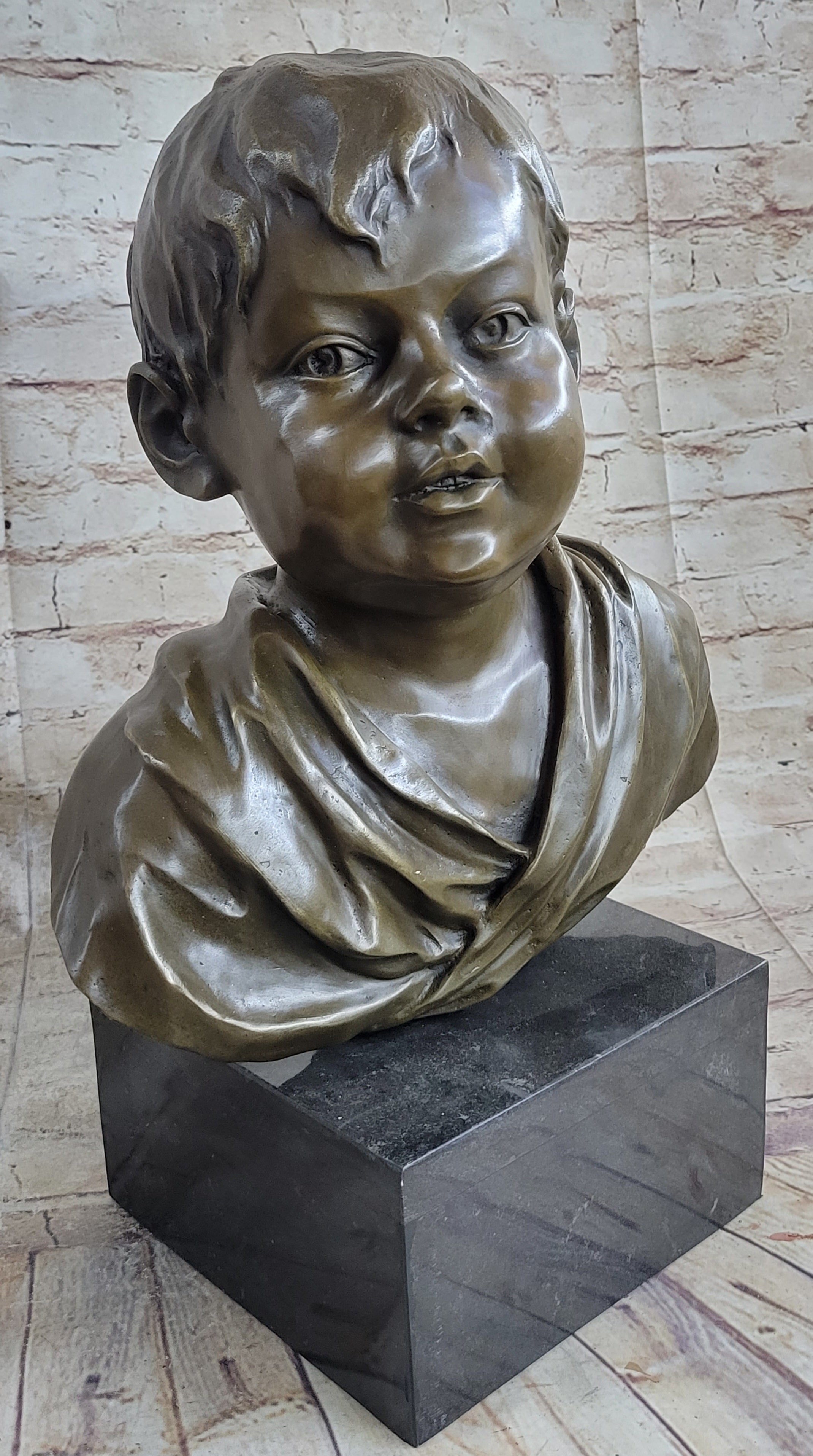 Bronze Bust of Young Boy on Marble Base Signed Art