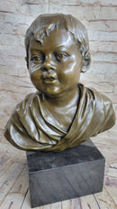 Bronze Bust of Young Boy on Marble Base Signed Art