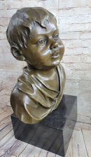 Bronze Bust of Young Boy on Marble Base Signed Art