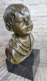 Bronze Bust of Young Boy on Marble Base Signed Art