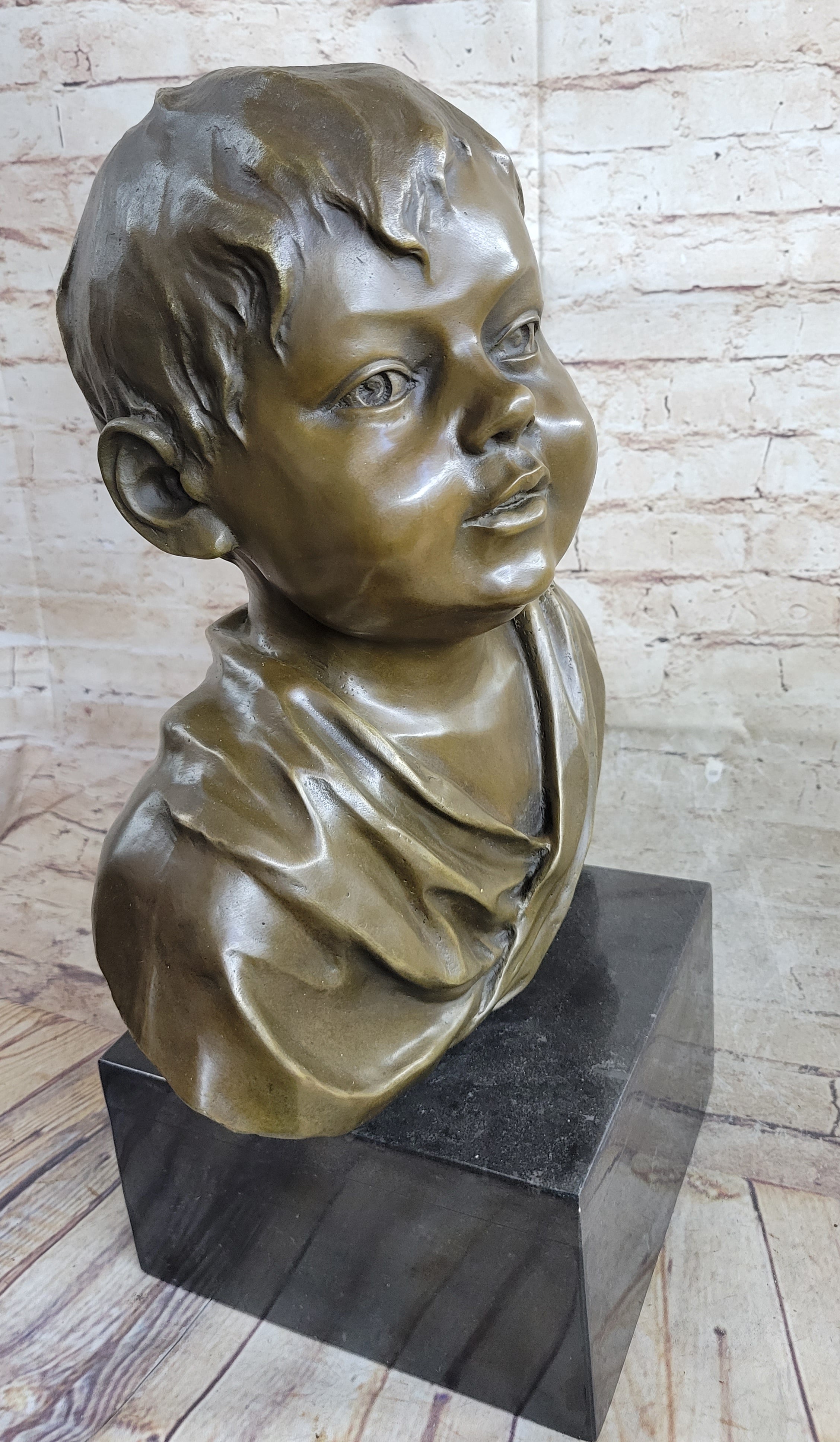Bronze Bust of Young Boy on Marble Base Signed Art