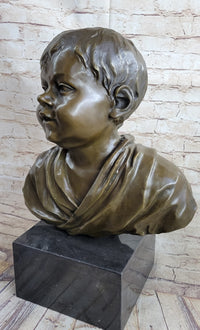 Bronze Bust of Young Boy on Marble Base Signed Art