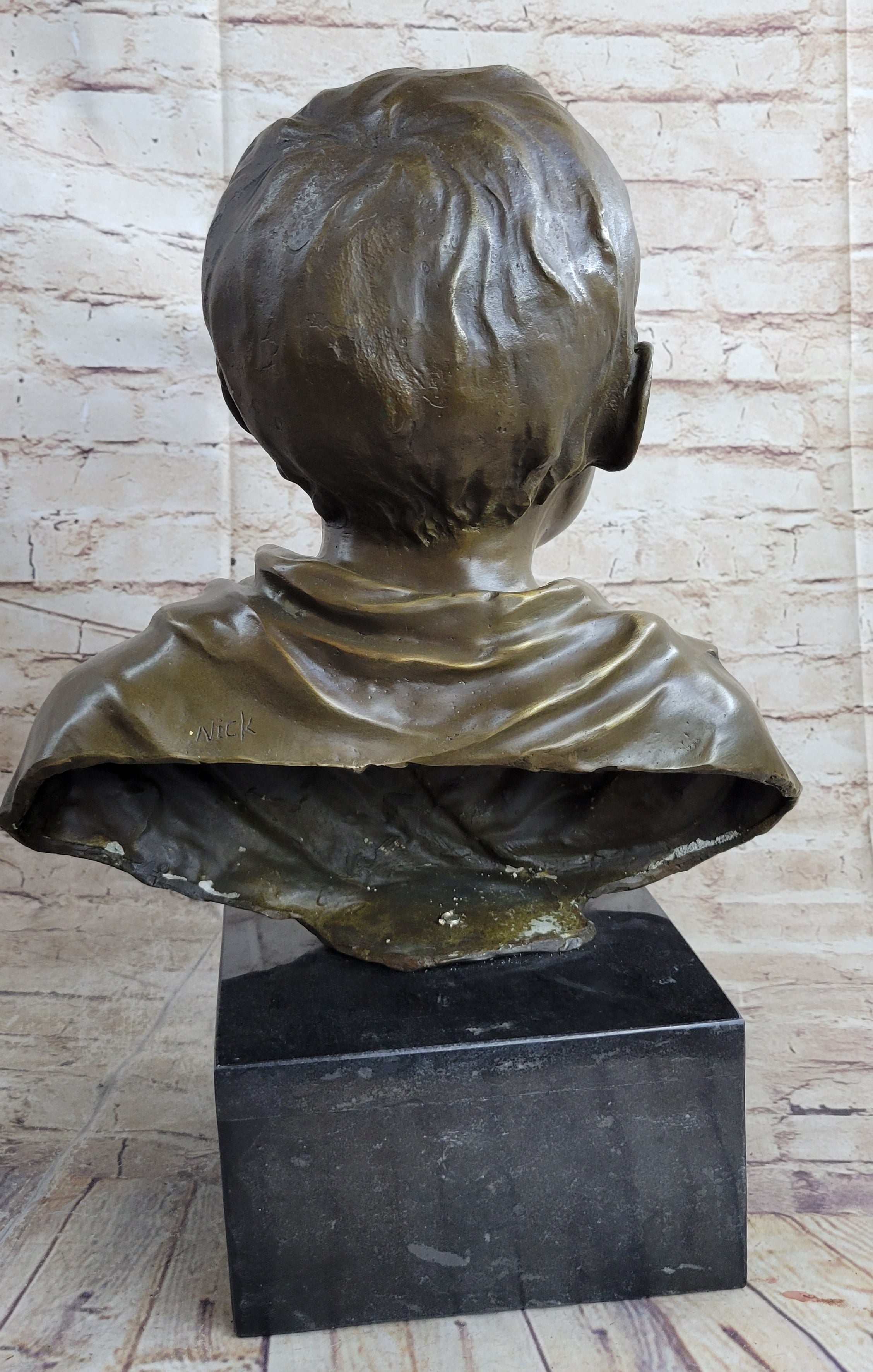 Bronze Bust of Young Boy on Marble Base Signed Art