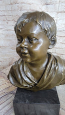Bronze Bust of Young Boy on Marble Base Signed Art