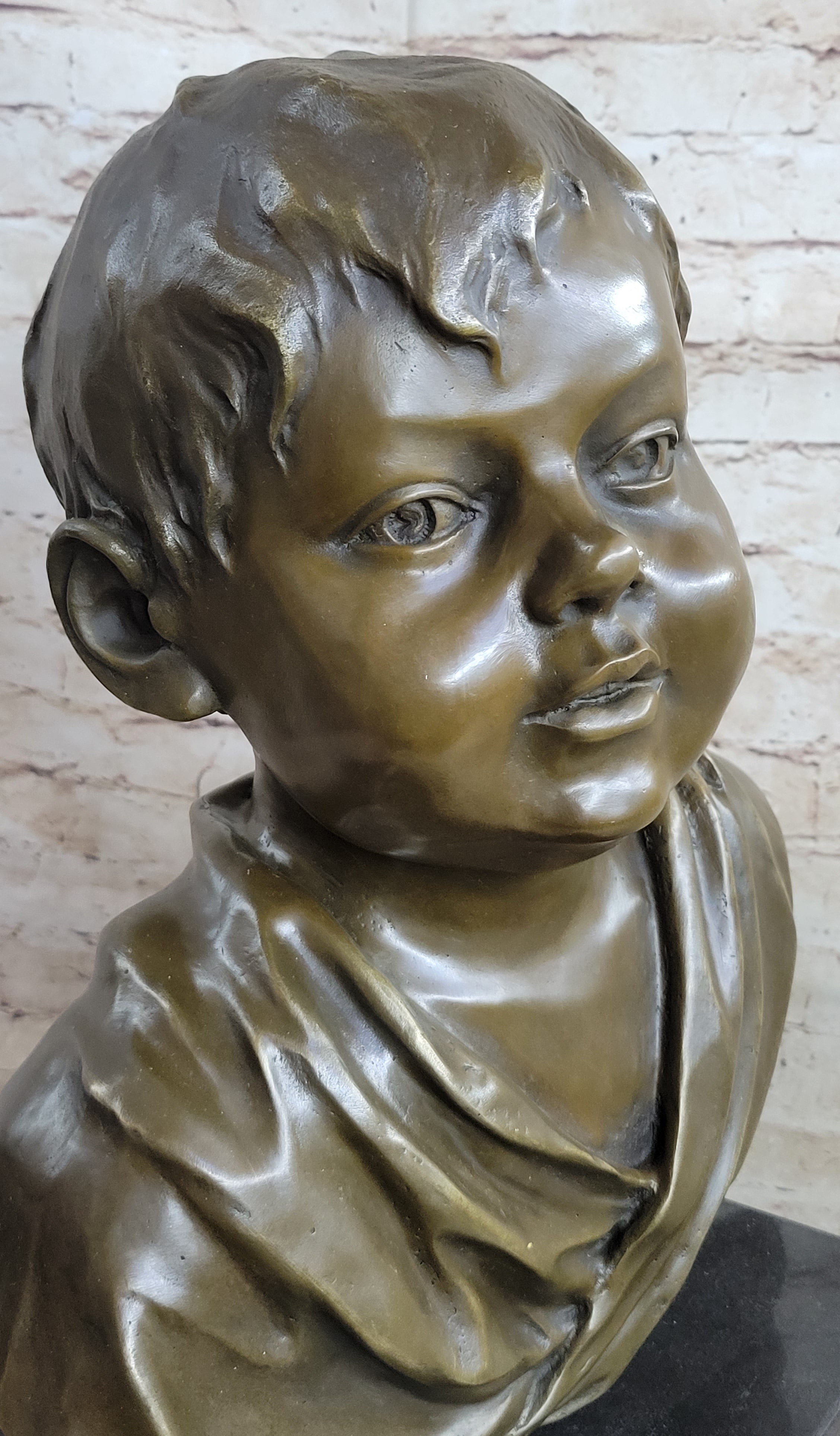 Bronze Bust of Young Boy on Marble Base Signed Art