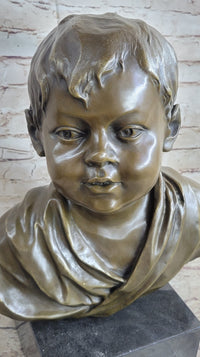 Bronze Bust of Young Boy on Marble Base Signed Art