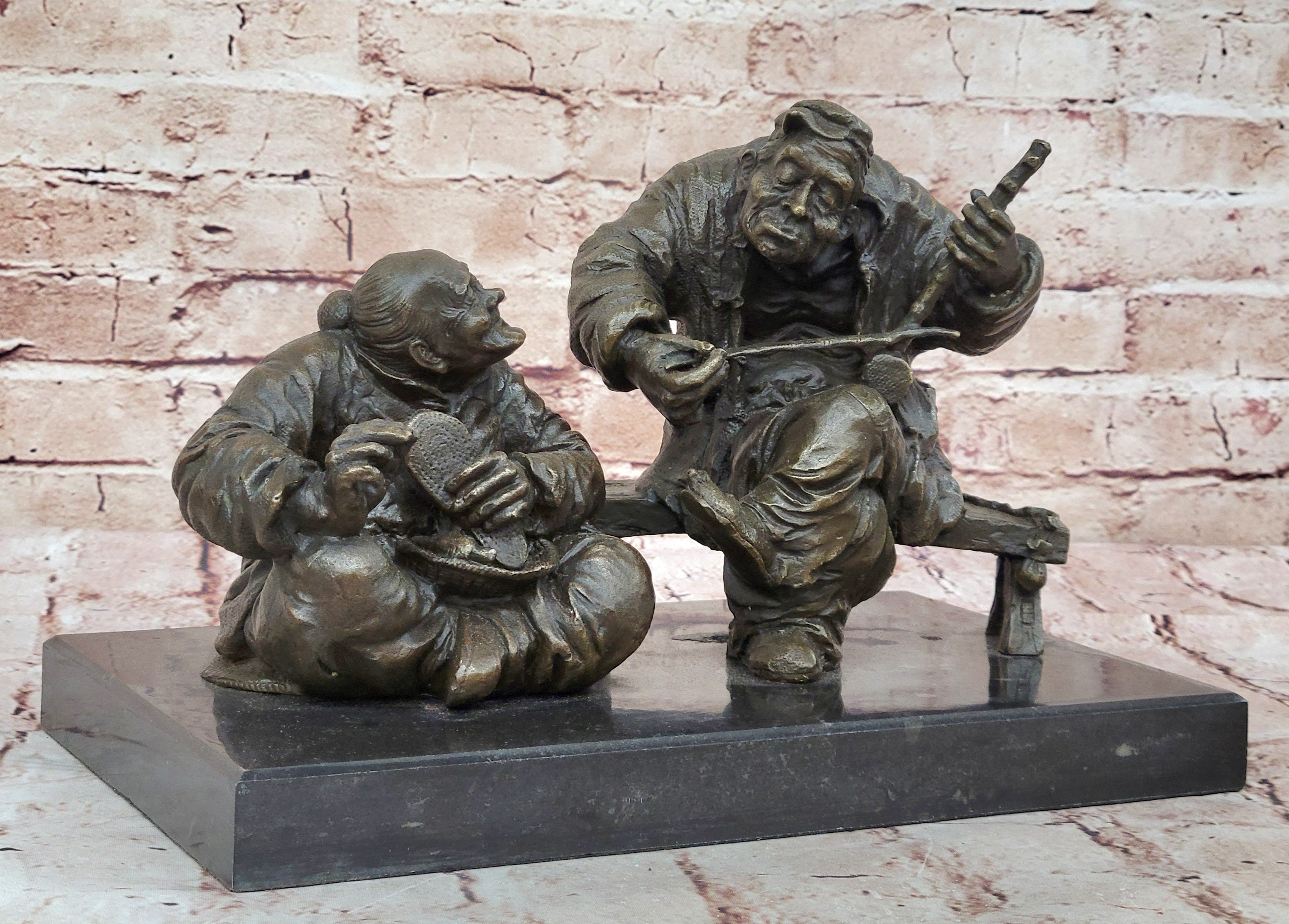 Bronze Chinese Musician and Shoemaker – Folk Art Sculpture
