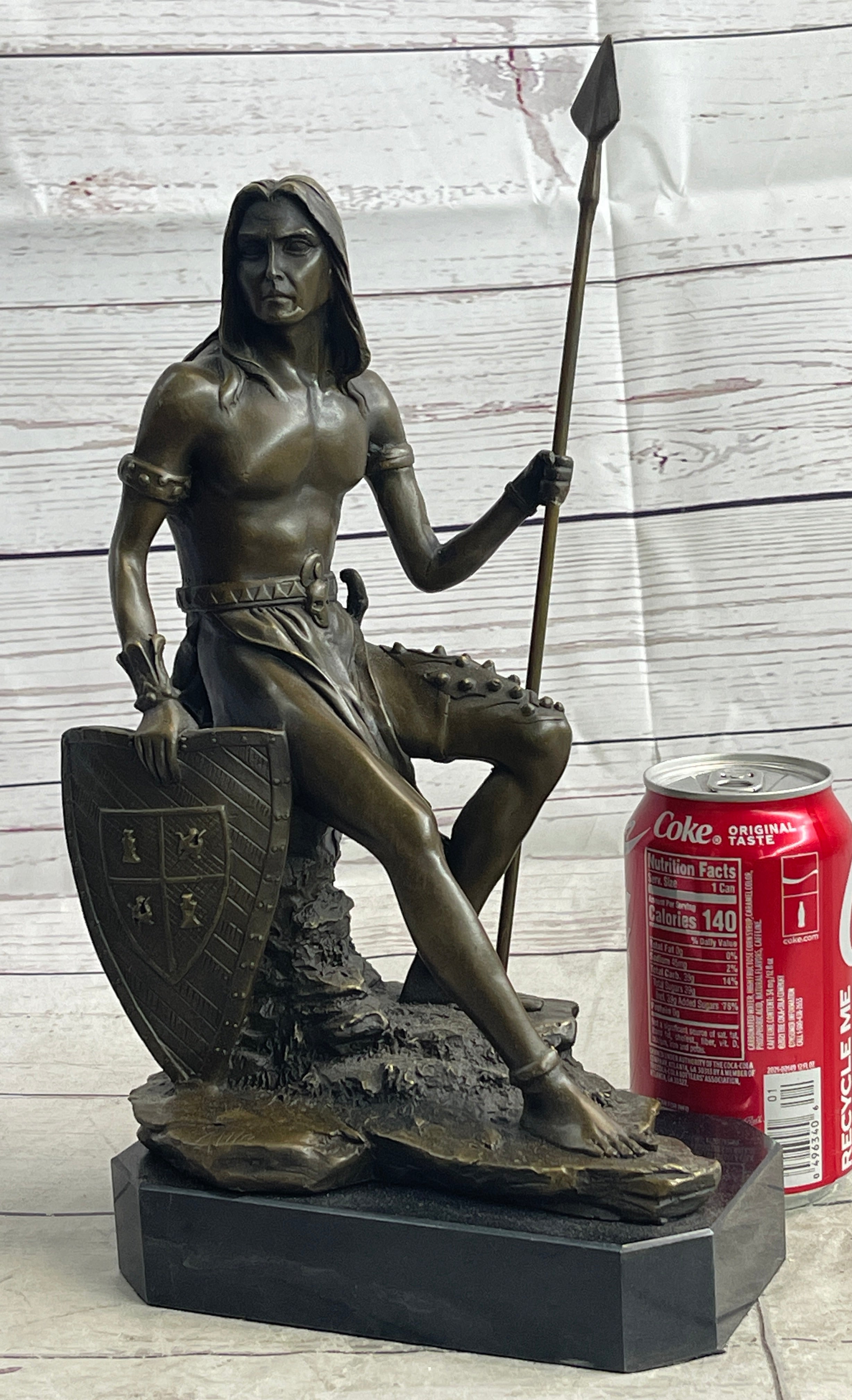 Muscular Warrior Barbarian Soldier Bronze Sculpture w/ Shield & Spear