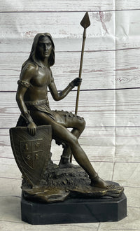 Muscular Warrior Barbarian Soldier Bronze Sculpture w/ Shield & Spear