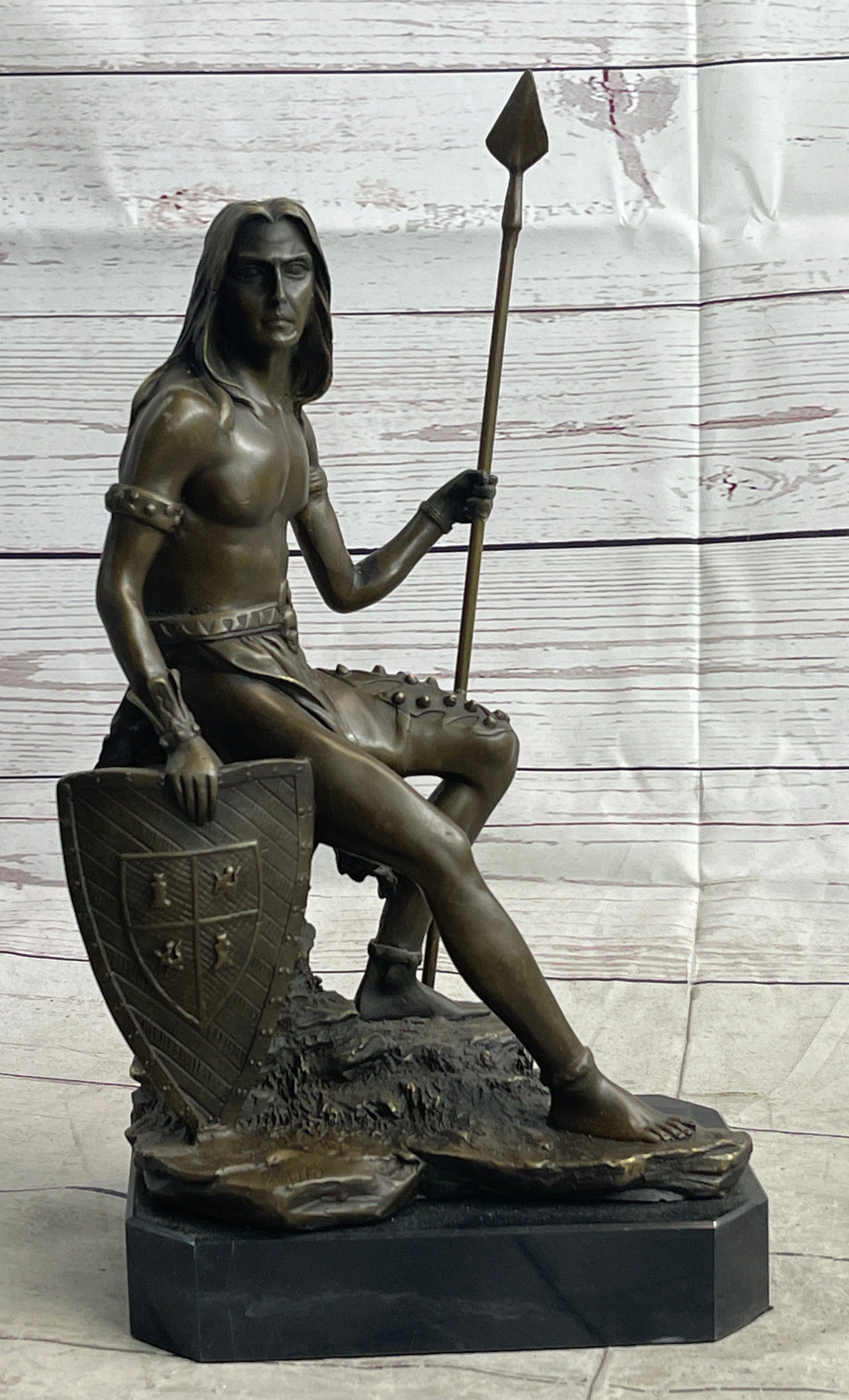 Muscular Warrior Barbarian Soldier Bronze Sculpture w/ Shield & Spear
