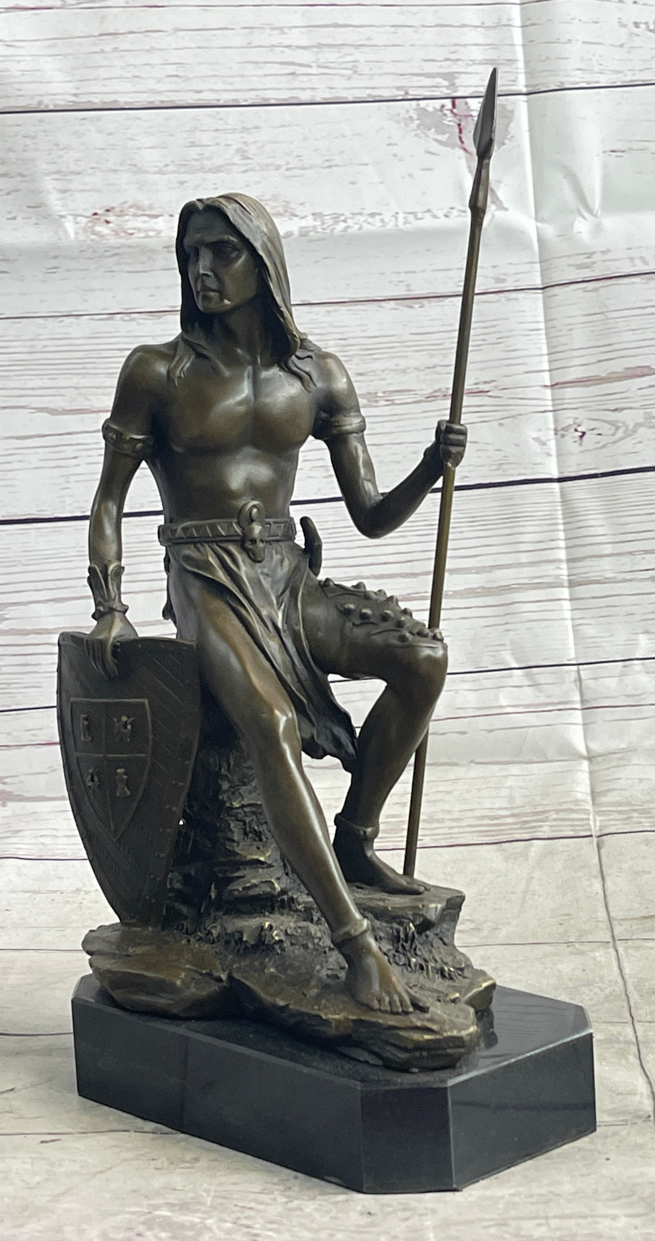 Muscular Warrior Barbarian Soldier Bronze Sculpture w/ Shield & Spear