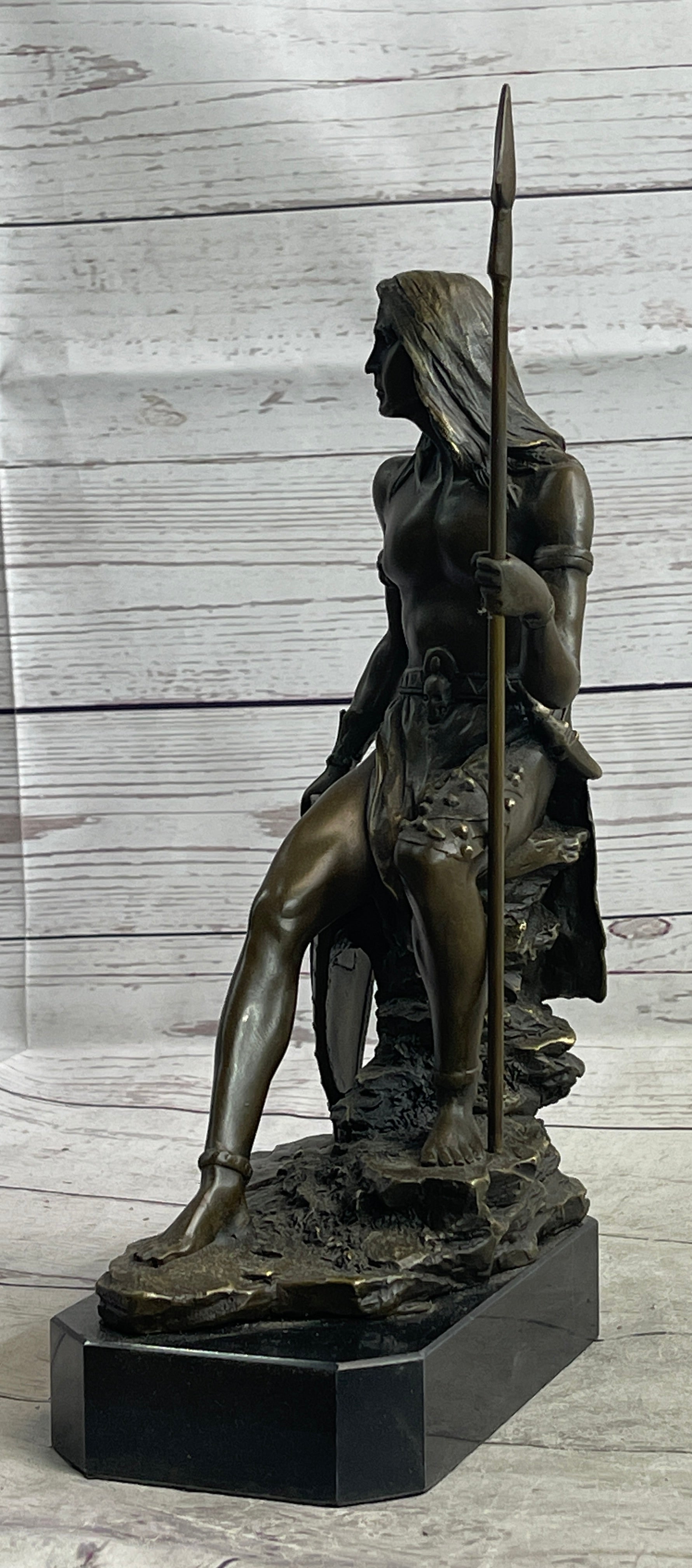 Muscular Warrior Barbarian Soldier Bronze Sculpture w/ Shield & Spear