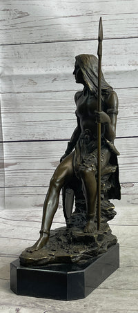 Muscular Warrior Barbarian Soldier Bronze Sculpture w/ Shield & Spear