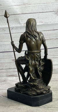 Muscular Warrior Barbarian Soldier Bronze Sculpture w/ Shield & Spear