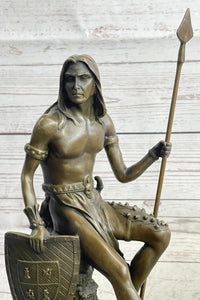 Muscular Warrior Barbarian Soldier Bronze Sculpture w/ Shield & Spear