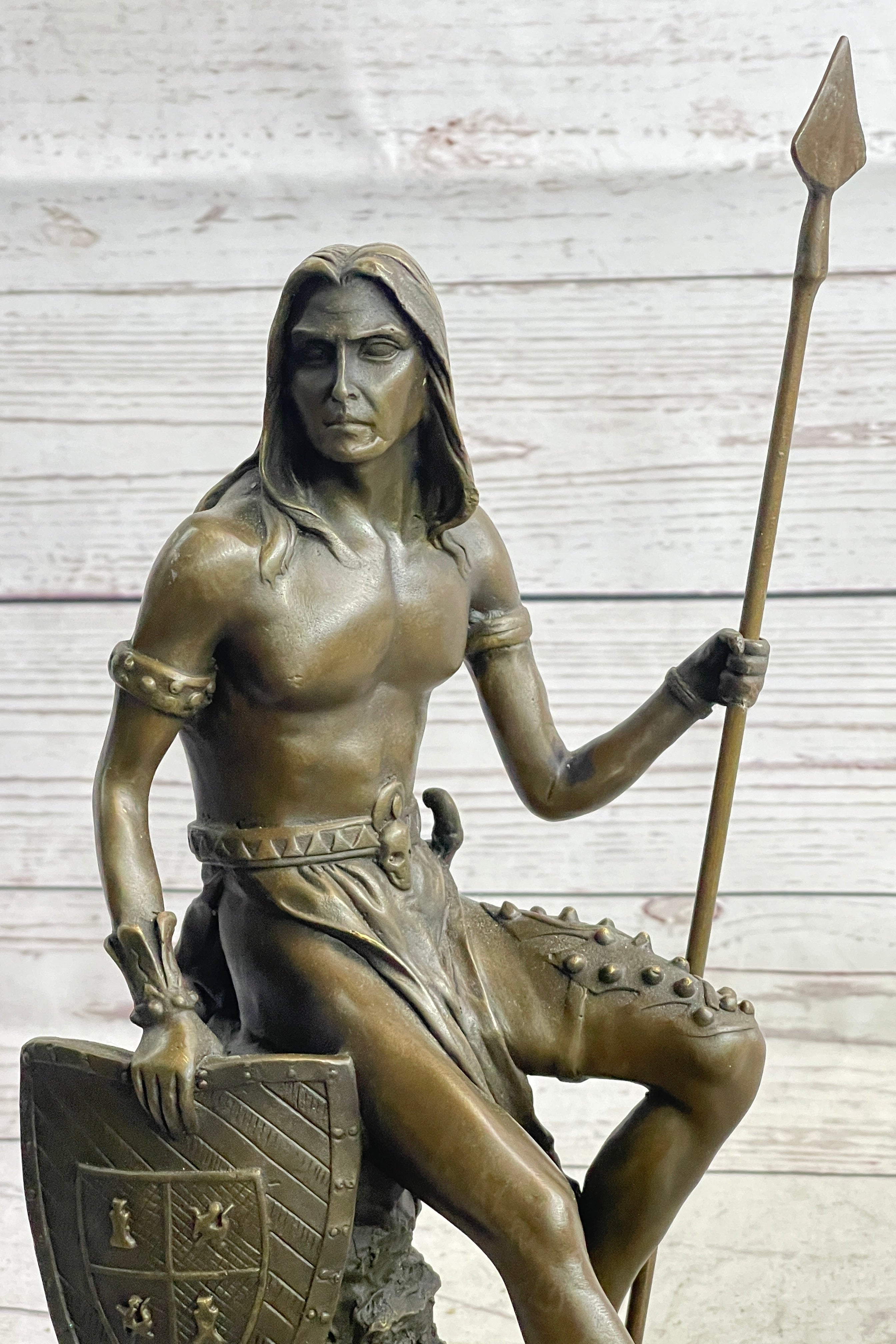 Muscular Warrior Barbarian Soldier Bronze Sculpture w/ Shield & Spear