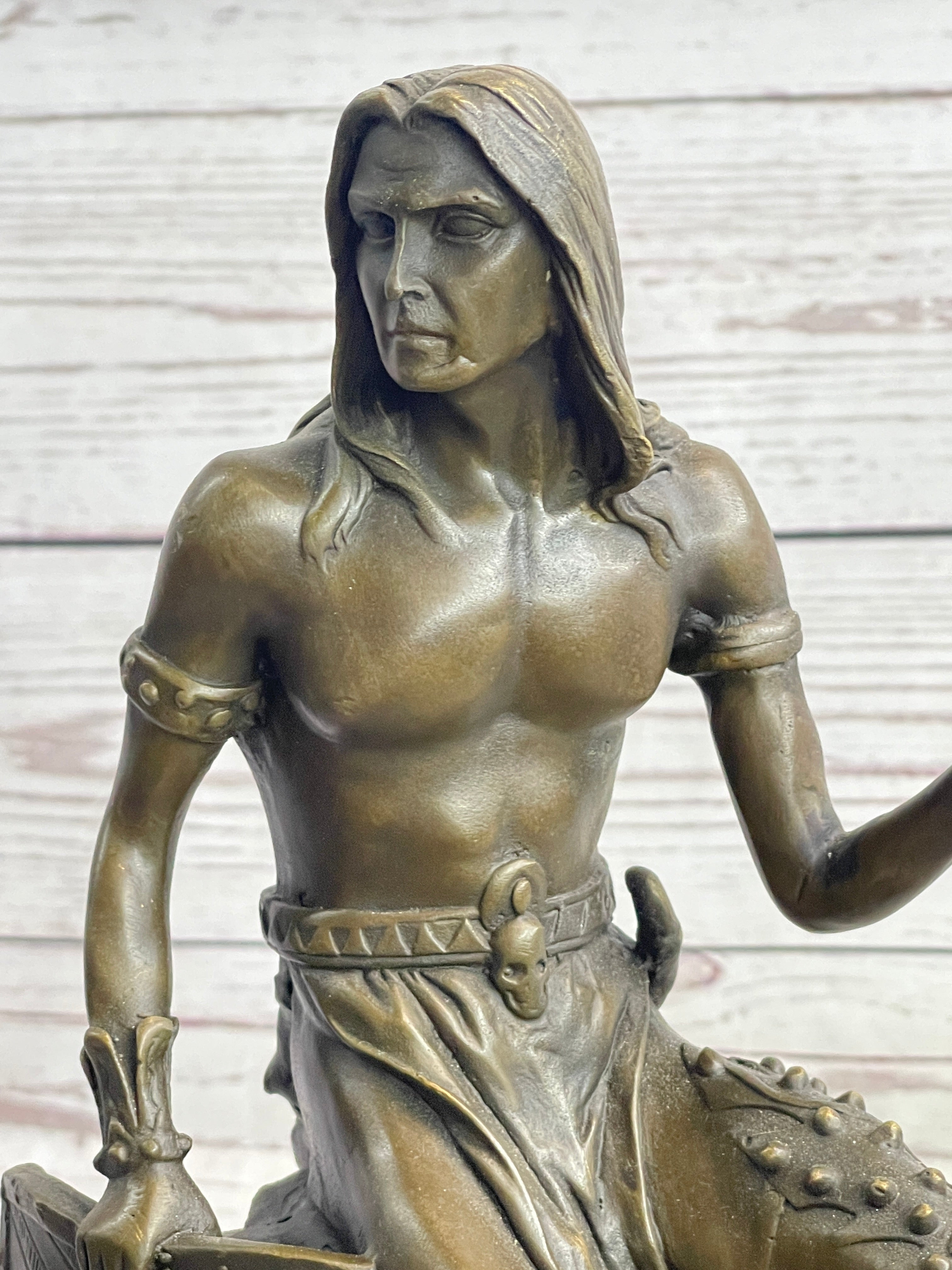 Muscular Warrior Barbarian Soldier Bronze Sculpture w/ Shield & Spear