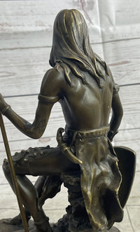 Muscular Warrior Barbarian Soldier Bronze Sculpture w/ Shield & Spear