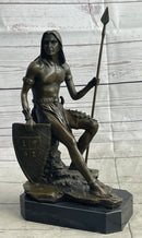 Muscular Warrior Barbarian Soldier Bronze Sculpture w/ Shield & Spear