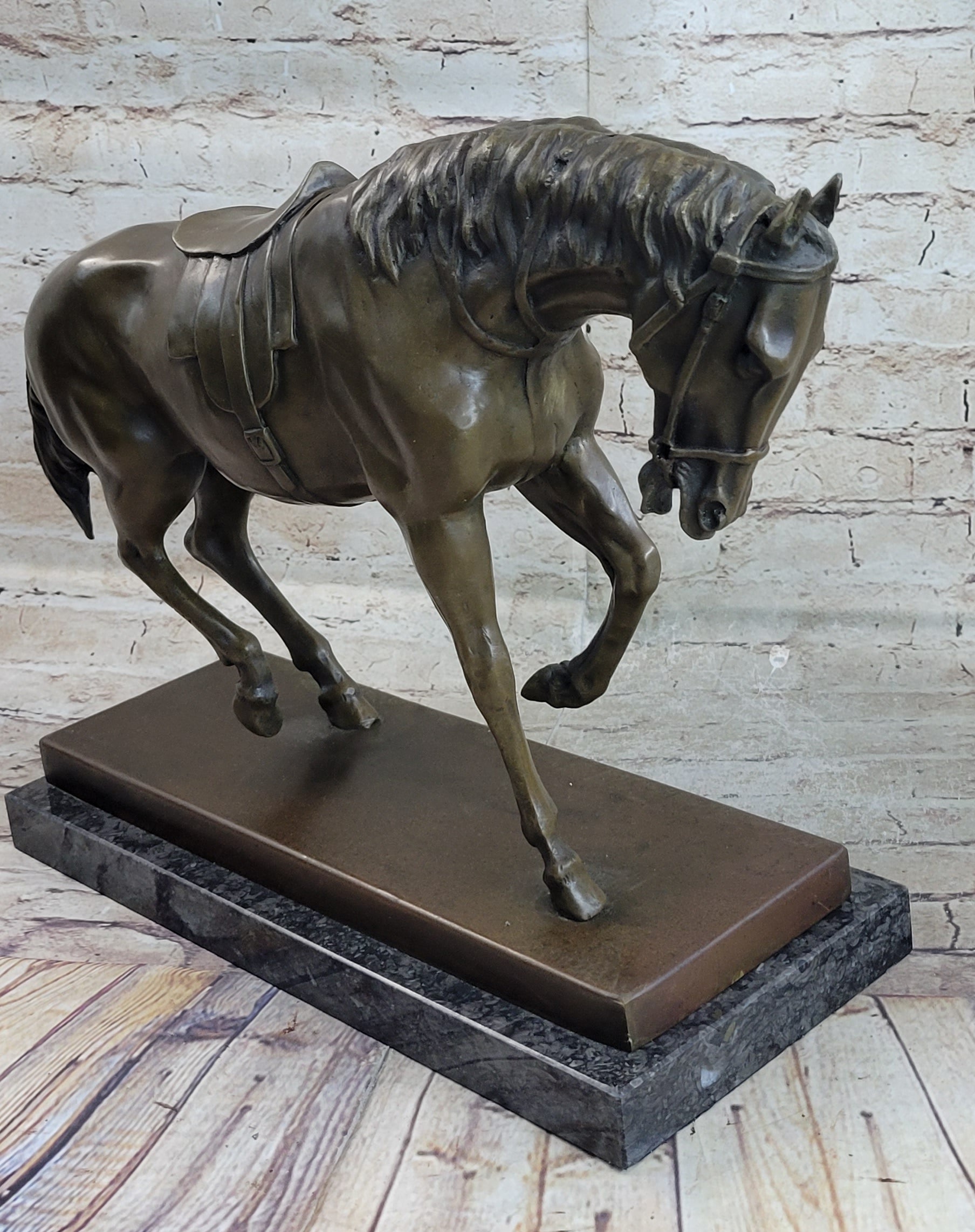 Extra Large Bronze Sculpture Horse Trots Stallion Marble Base