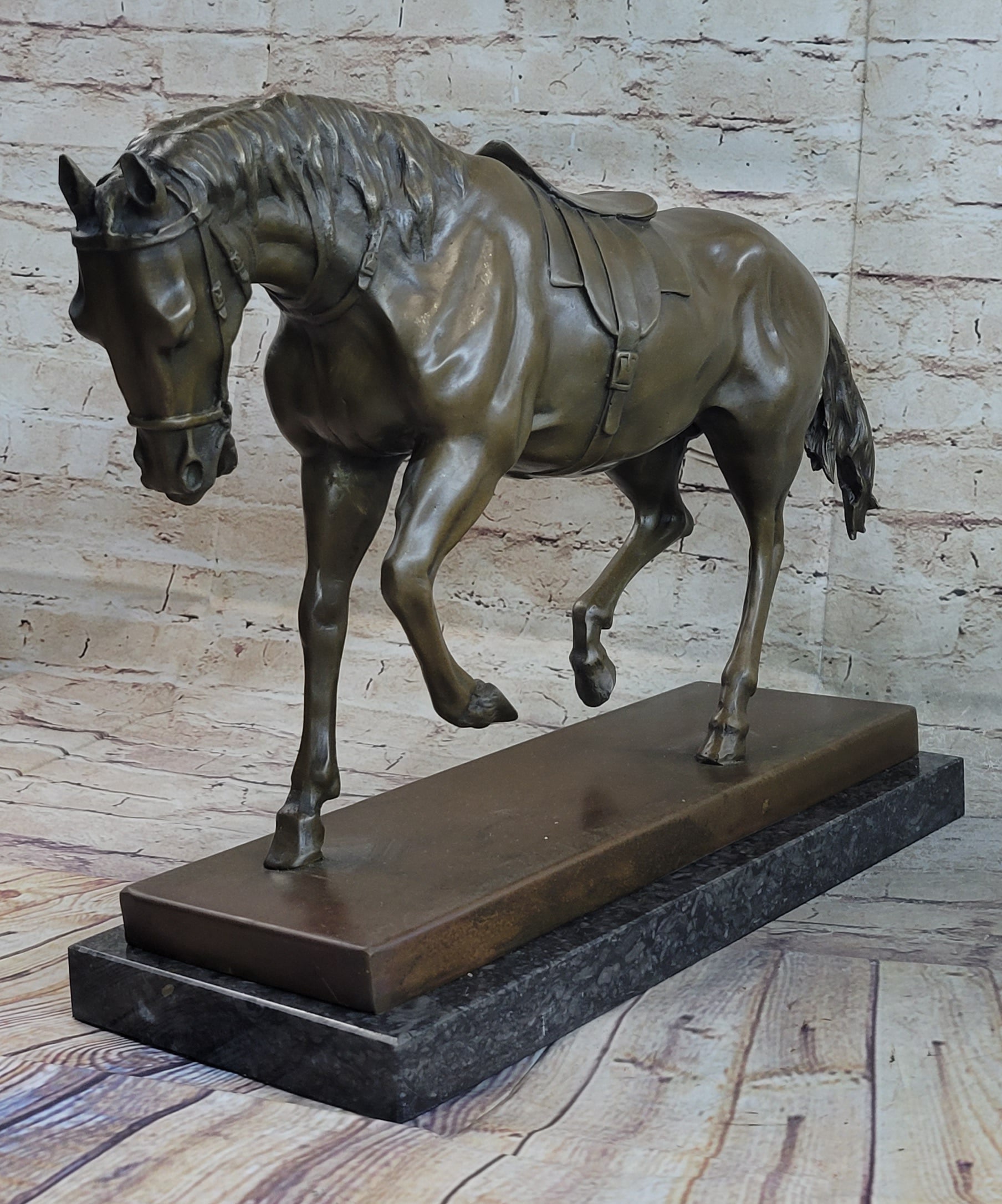 Extra Large Bronze Sculpture Horse Trots Stallion Marble Base