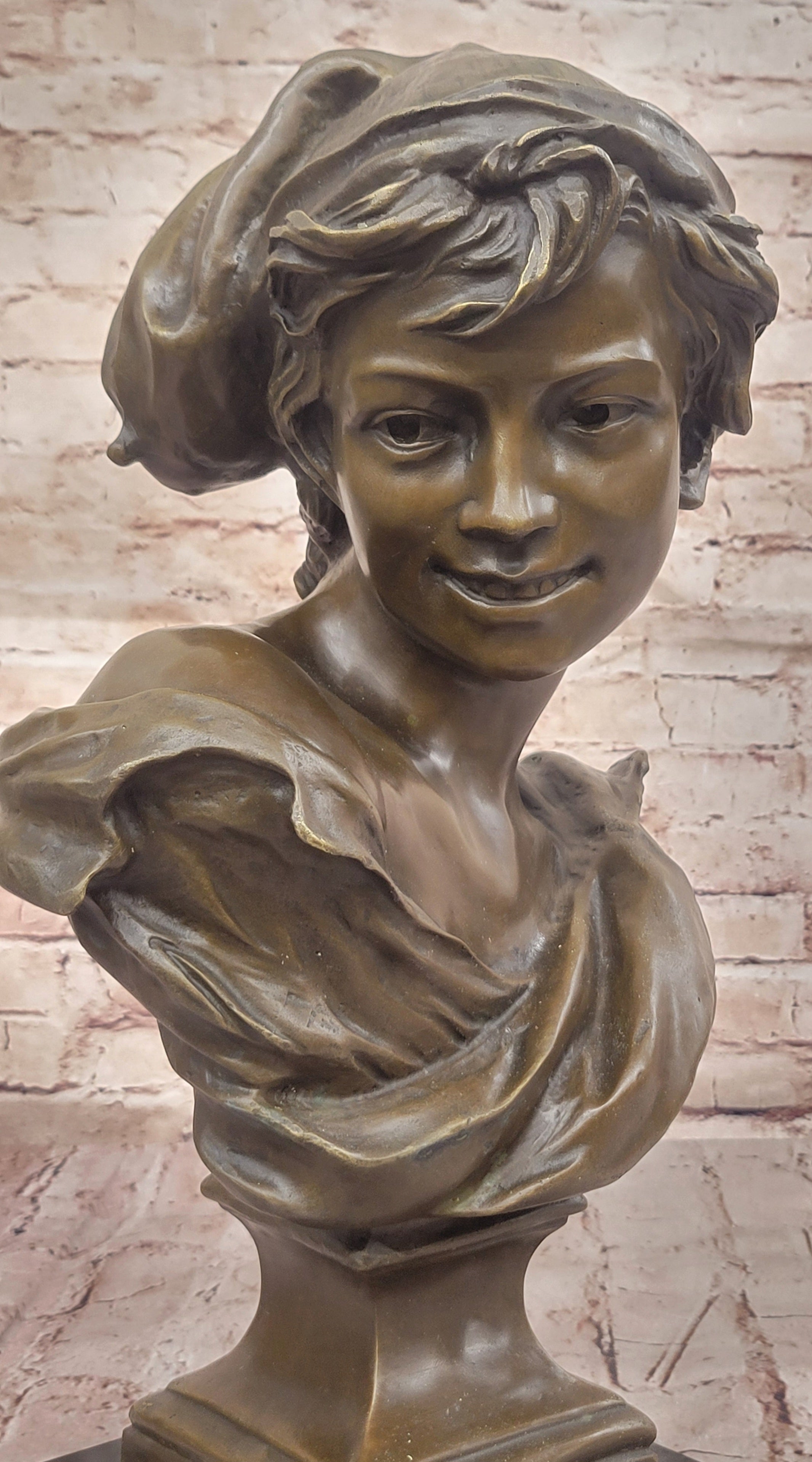 Smiling Boy Bronze Bust by Dalou with Marble Base