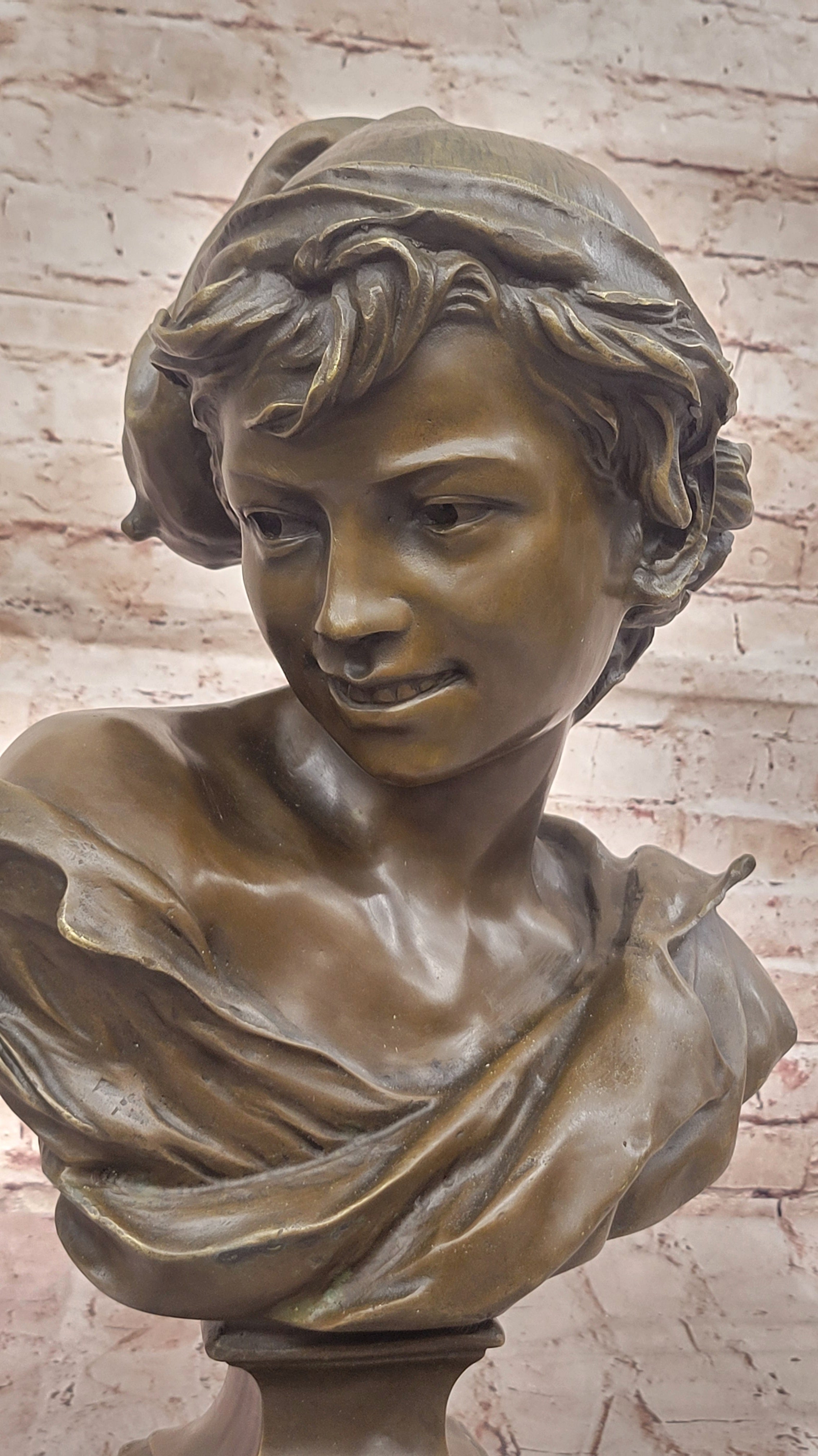 Smiling Boy Bronze Bust by Dalou with Marble Base