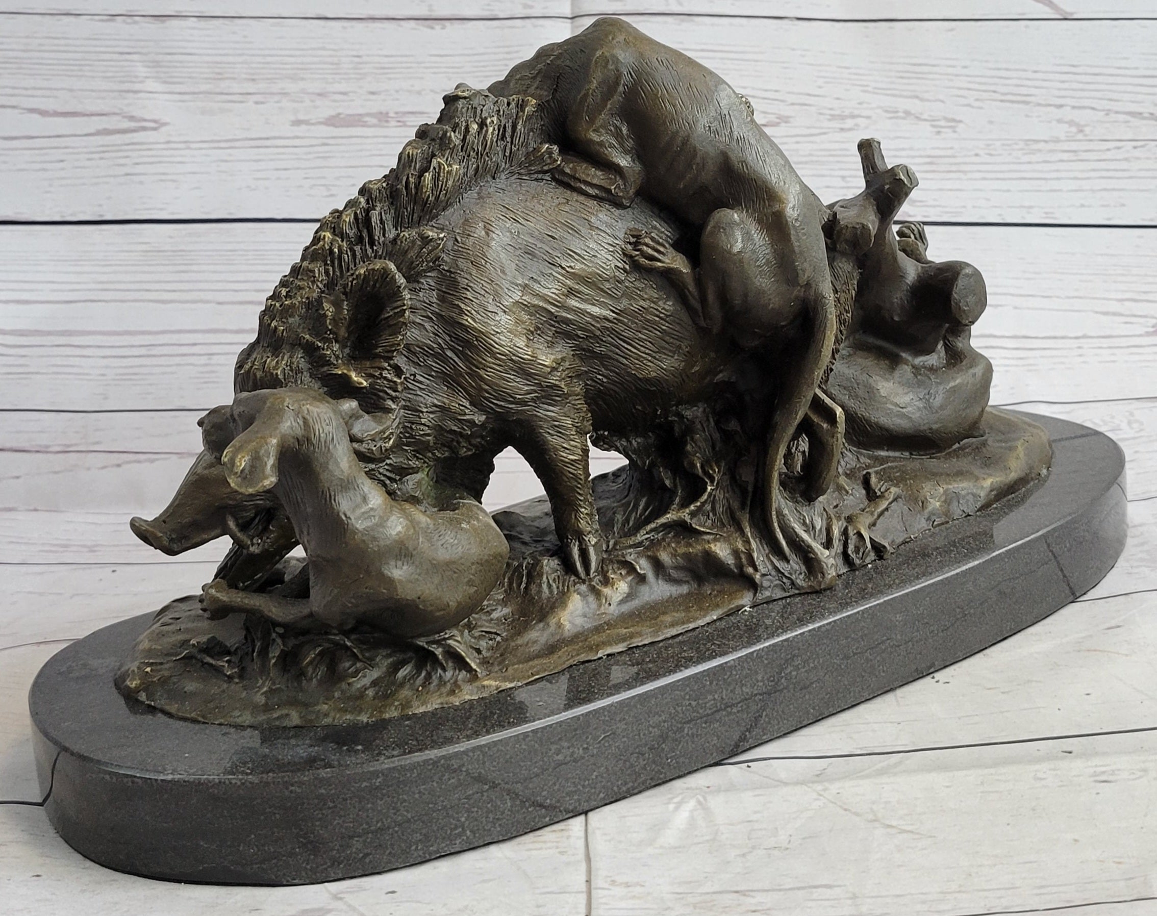 Boar Attacked by Wild Dogs Bronze Sculpture by Lecourtier