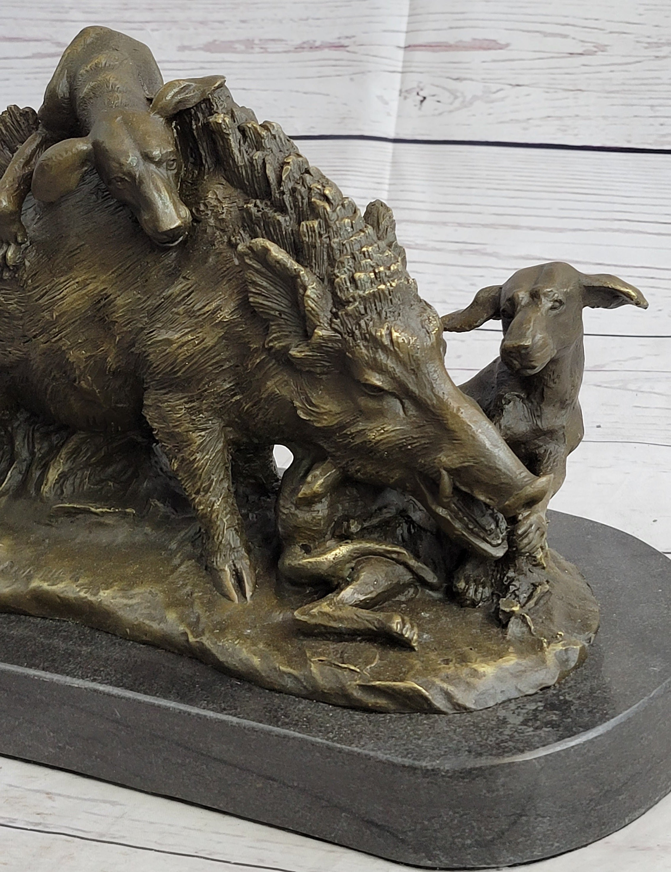 Boar Attacked by Wild Dogs Bronze Sculpture by Lecourtier