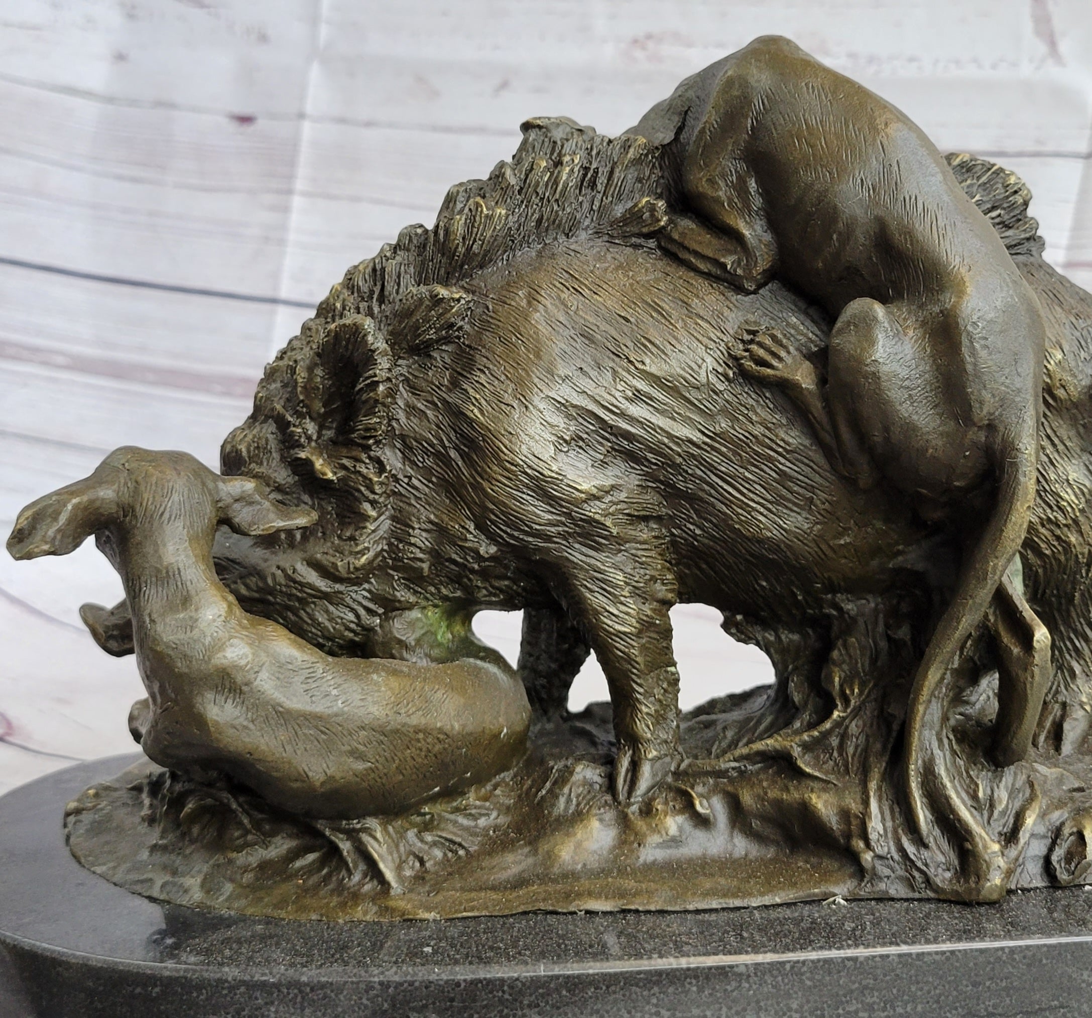 Boar Attacked by Wild Dogs Bronze Sculpture by Lecourtier
