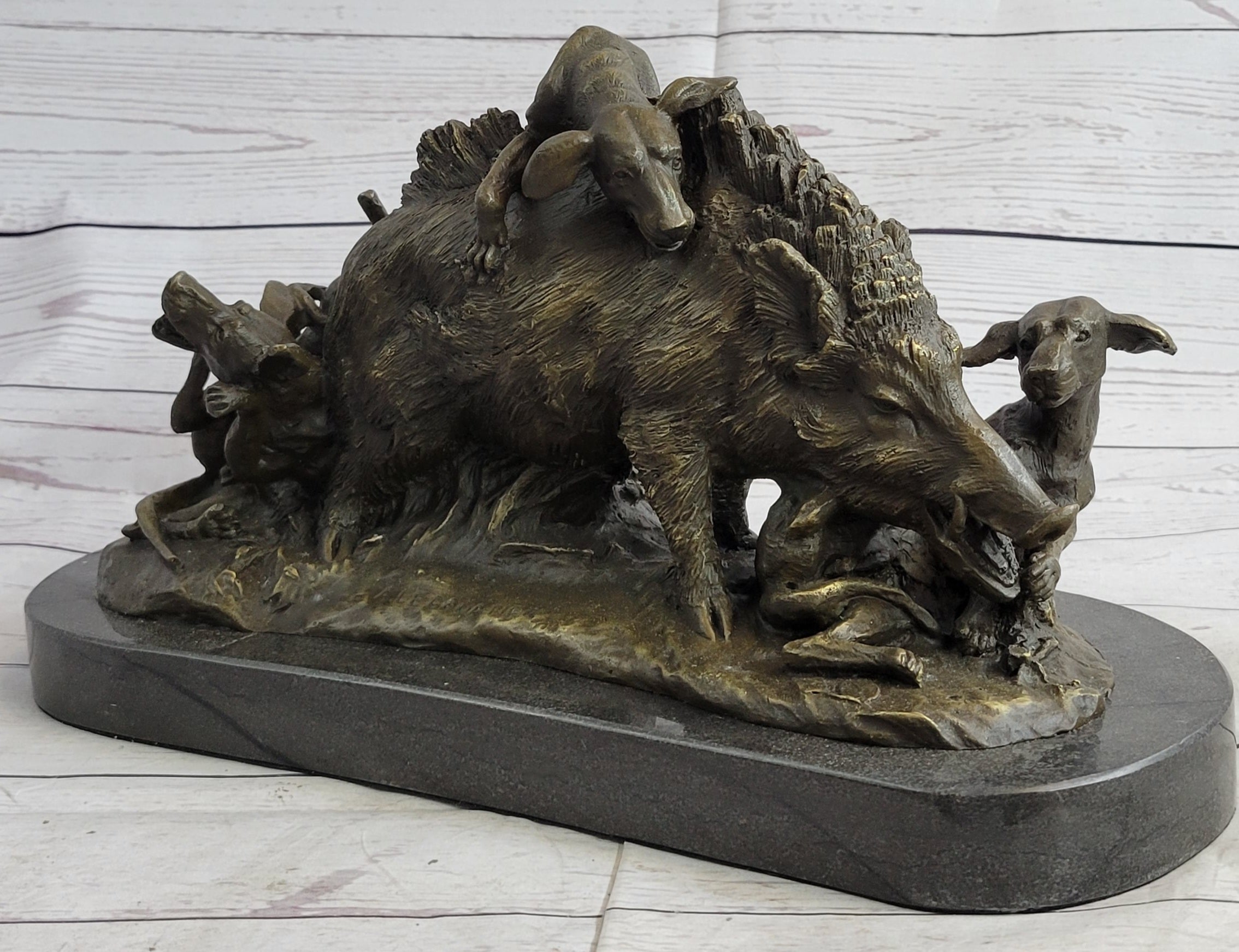 Boar Attacked by Wild Dogs Bronze Sculpture by Lecourtier