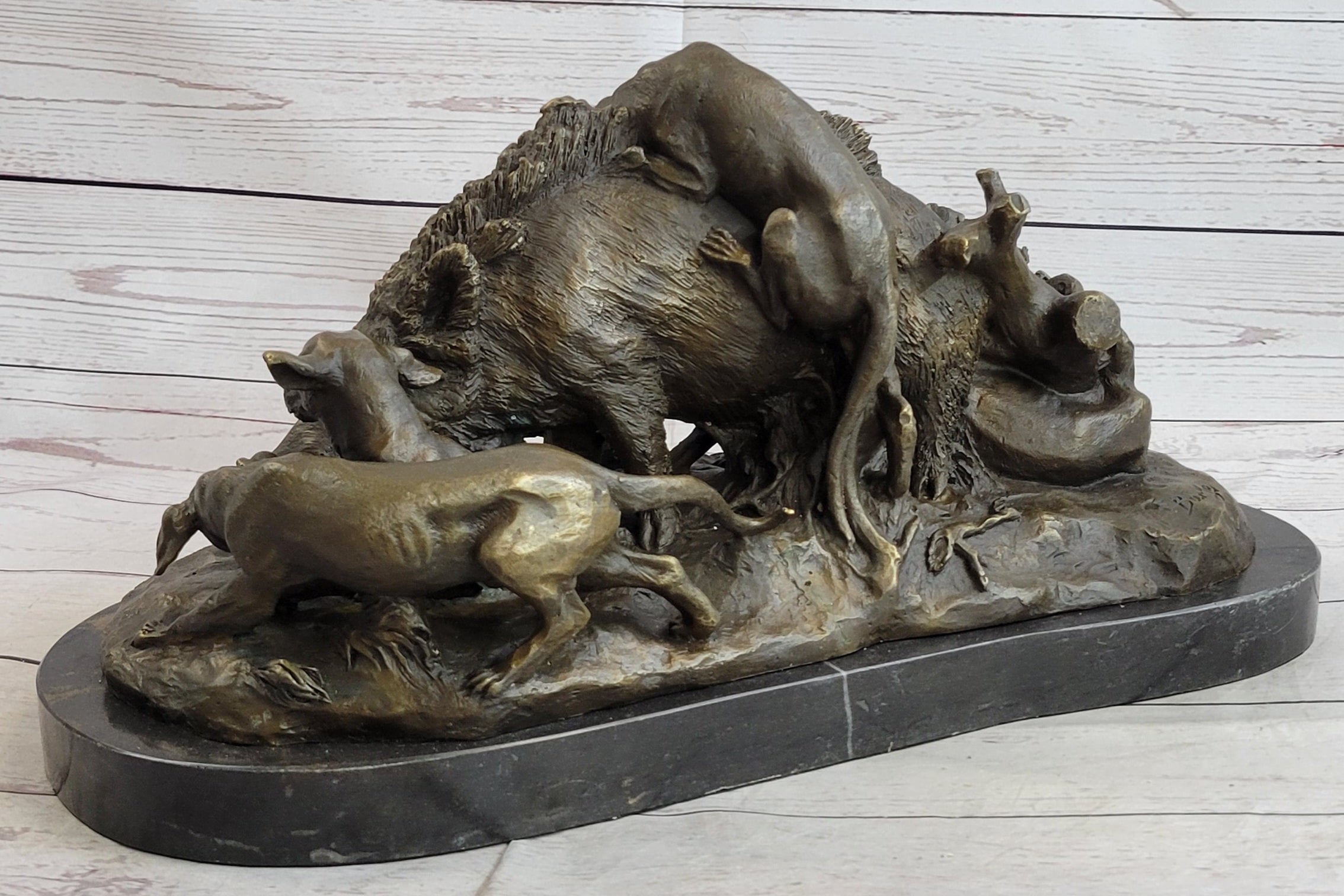 Vintage Lecourtier Wild Boar & Dogs Bronze Sculpture