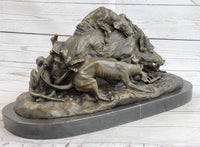 Vintage Lecourtier Wild Boar & Dogs Bronze Sculpture