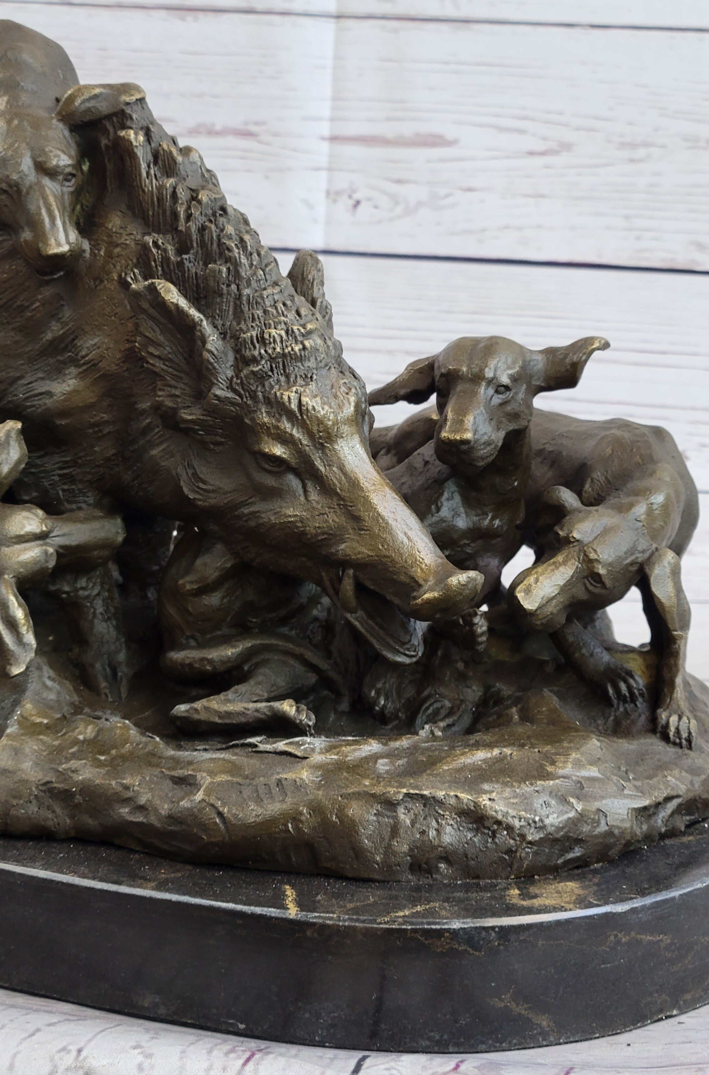 Vintage Lecourtier Wild Boar & Dogs Bronze Sculpture