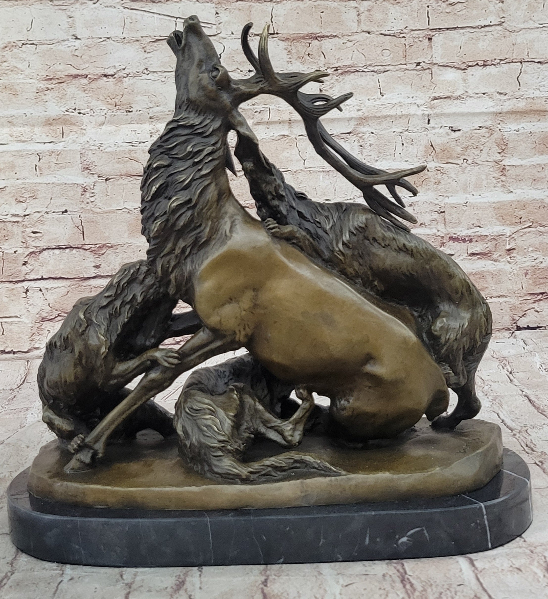Elk Reindeer Attacked by Hunting Dogs Bronze Barye 14" x 16"