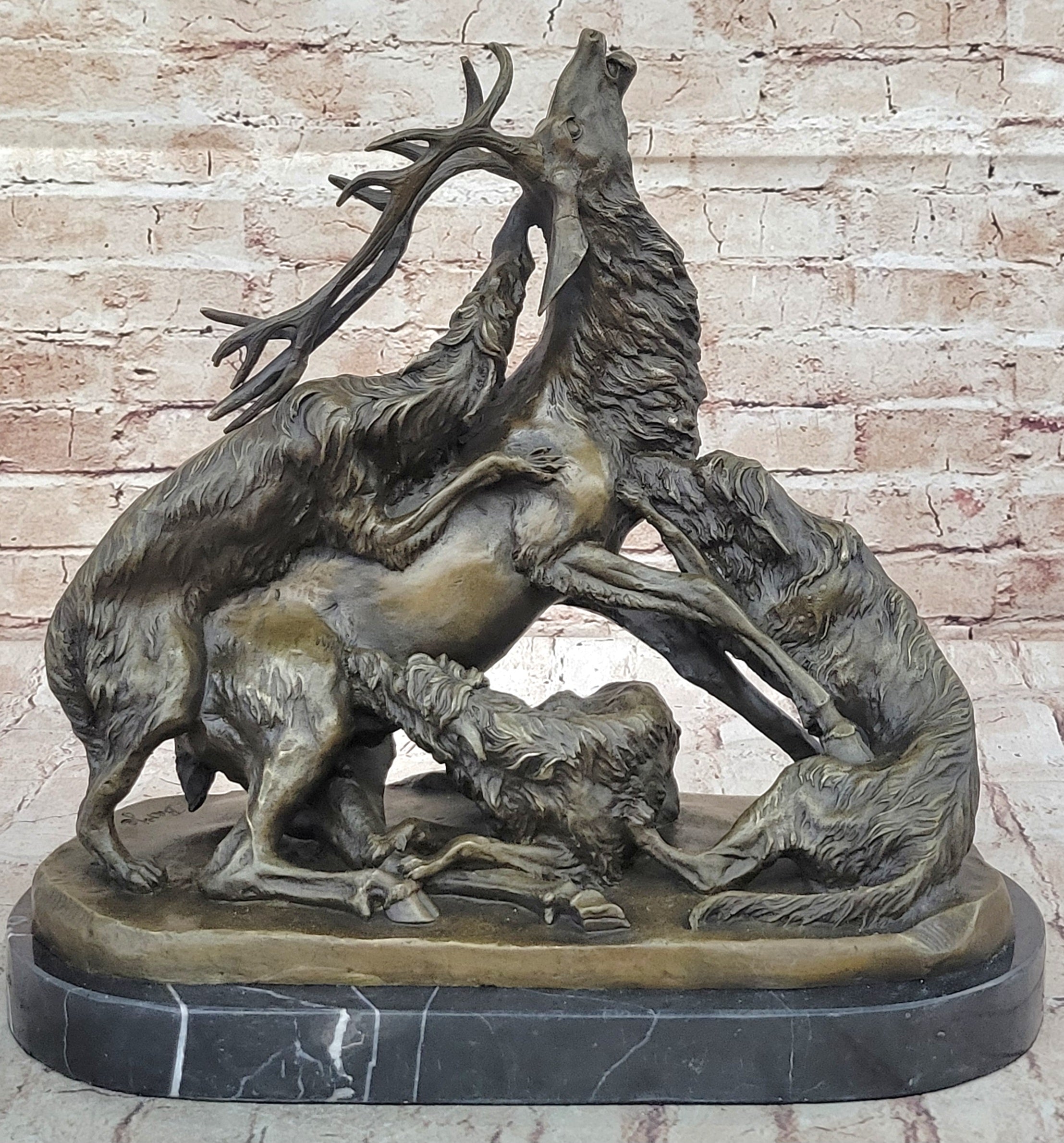 Elk Reindeer Attacked by Hunting Dogs Bronze Barye 14" x 16"