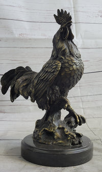Rooster Chicken Farm Bronze Sculpture on Marble Base Signed