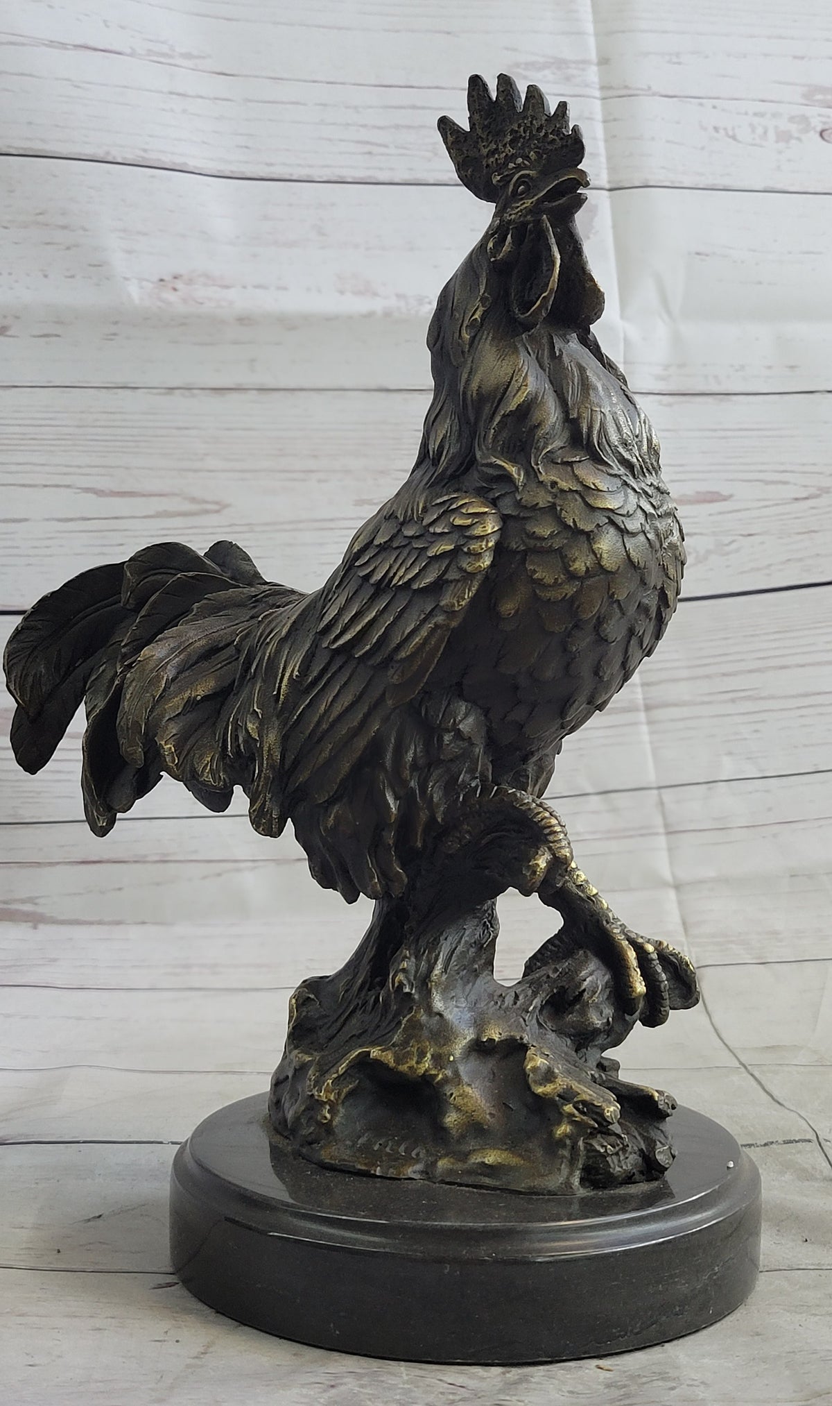 Rooster Chicken Farm Bronze Sculpture on Marble Base Signed