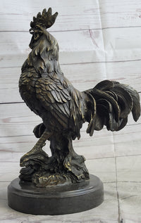Rooster Chicken Farm Bronze Sculpture on Marble Base Signed